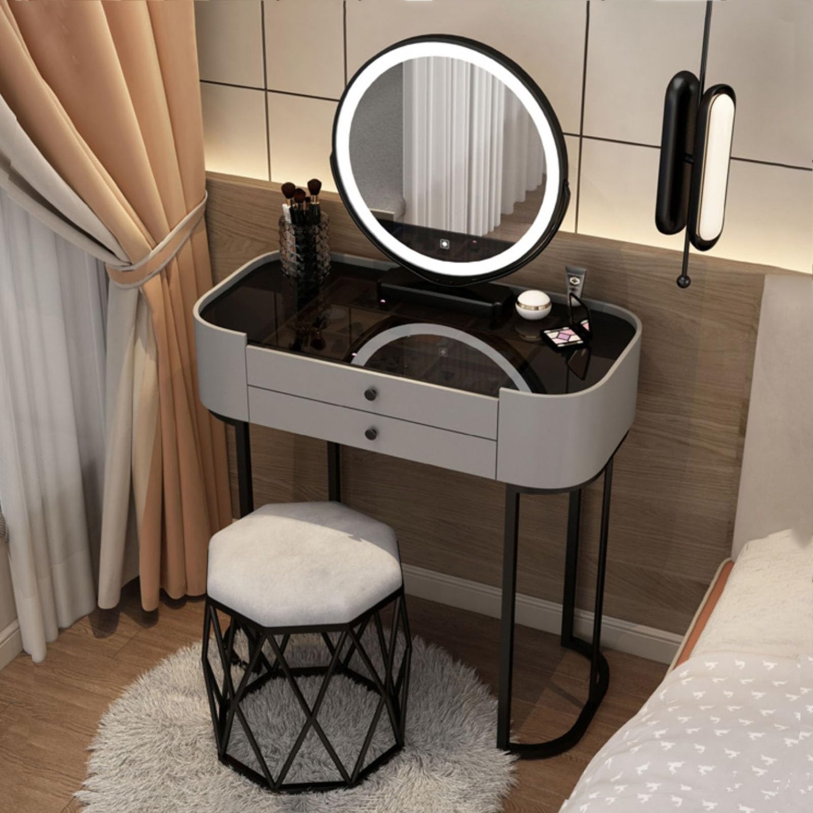 asdchZen Luxury Makeup Chair & Vanity Desk Set, White Dressing Table With Tempered Glass Top, Makeup Table With Drawers, 19.6In Makeup Stool-Elegant Home Decor,Glass+gray-19.6in/50cm