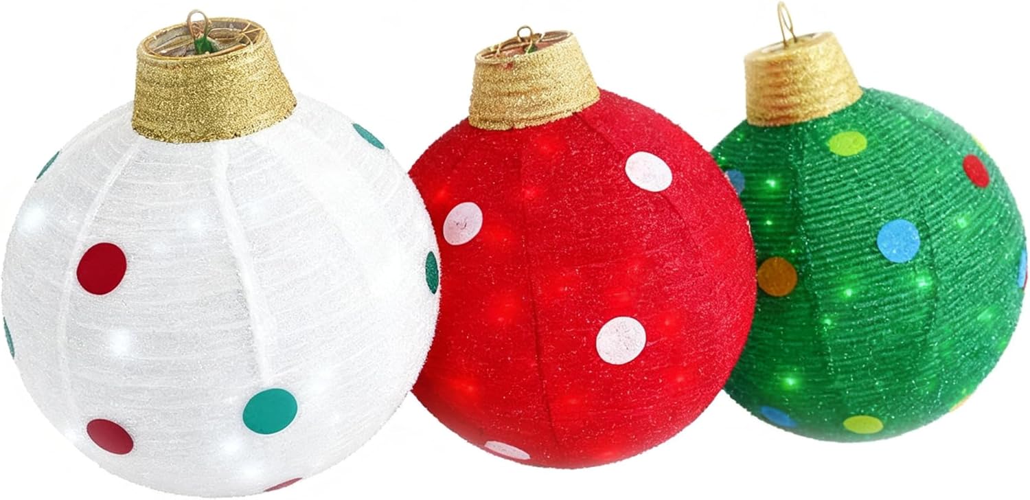 Christmas Lighted Balls Decorations 3 PCS Pre-Lit 150 LED Lights Pop-Up Glittered Lantern Outdoor Ornament Indoor Xmas Holiday Party Deocr for Home Yard Lawn Garden Porch, 18 Inch, Red & Green & White