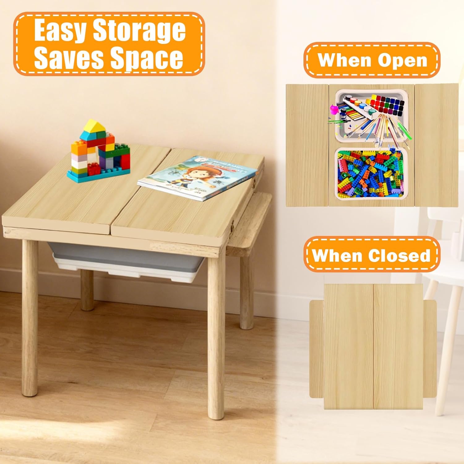 Large Solid Pine Wood Folding Table with Flip Top & 2 Built-in Storage Basins, Multi-Functional Home Office Desk, 38.8" x 24.4", Natural Wood Finish