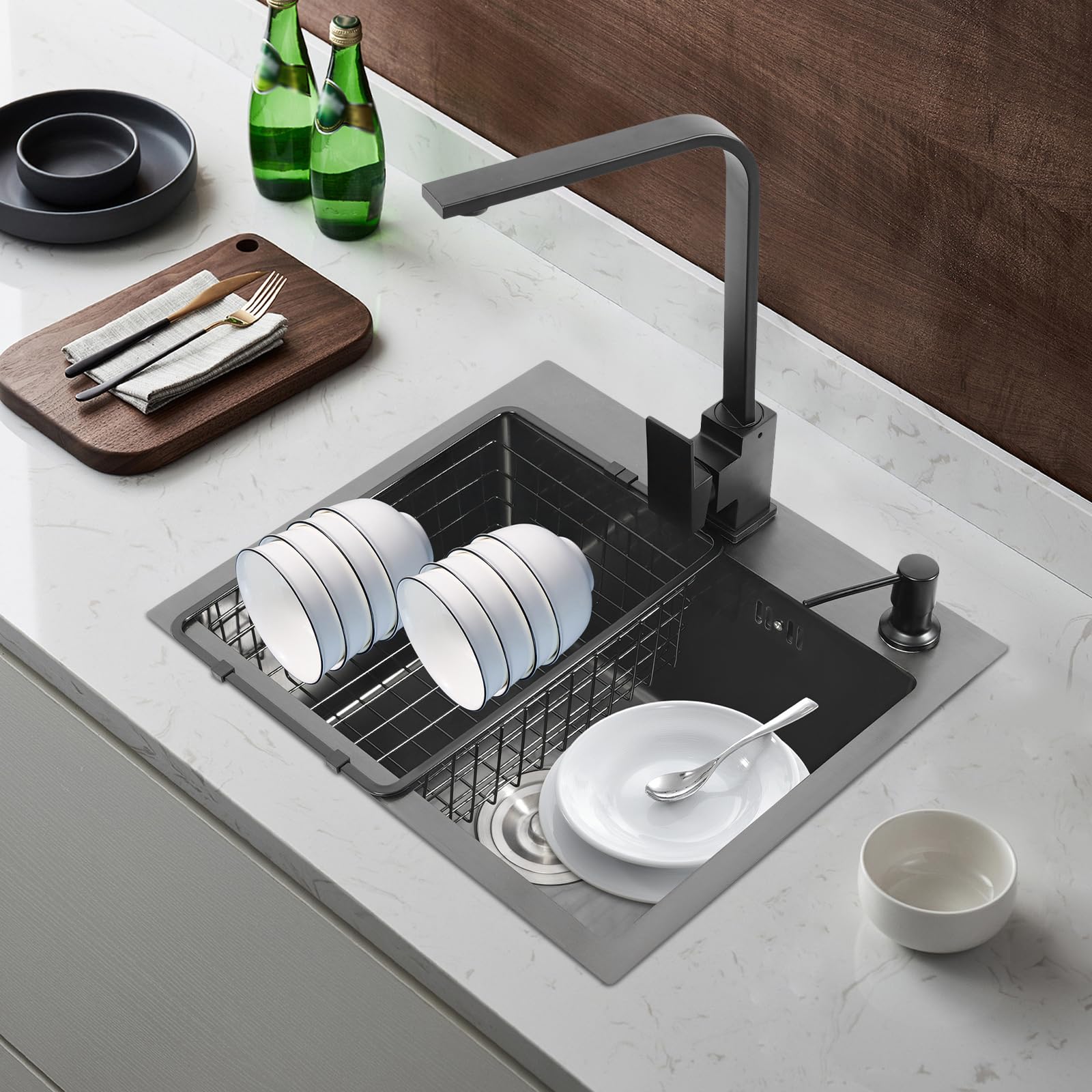 Negro 40 x 45 cm, fregadero de cocina de acero inoxidable 201, rectangular, moderno fregadero de acero inoxidable, fregadero de cocina con grifo de agua caliente y fría, dispensador de jabón