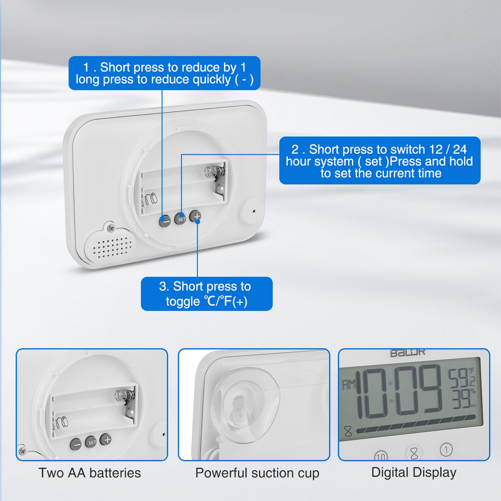 ZONJIE Orologio da doccia – Timer da doccia impermeabile per bagno, conto alla rovescia, orologio da bagno alimentato a batteria con indicatore di temperatura e umidità