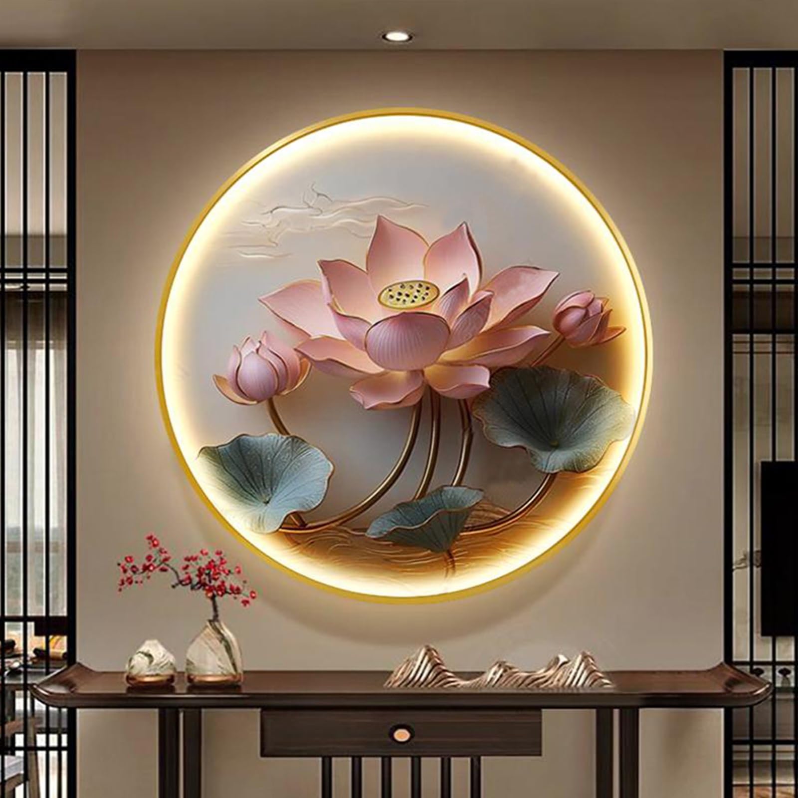 DAJIAYIQI 3D-Lotus-Skulptur LED-Wanddekoration, chinesisches Wandbild, USB, Fernbedienung, 40cm
