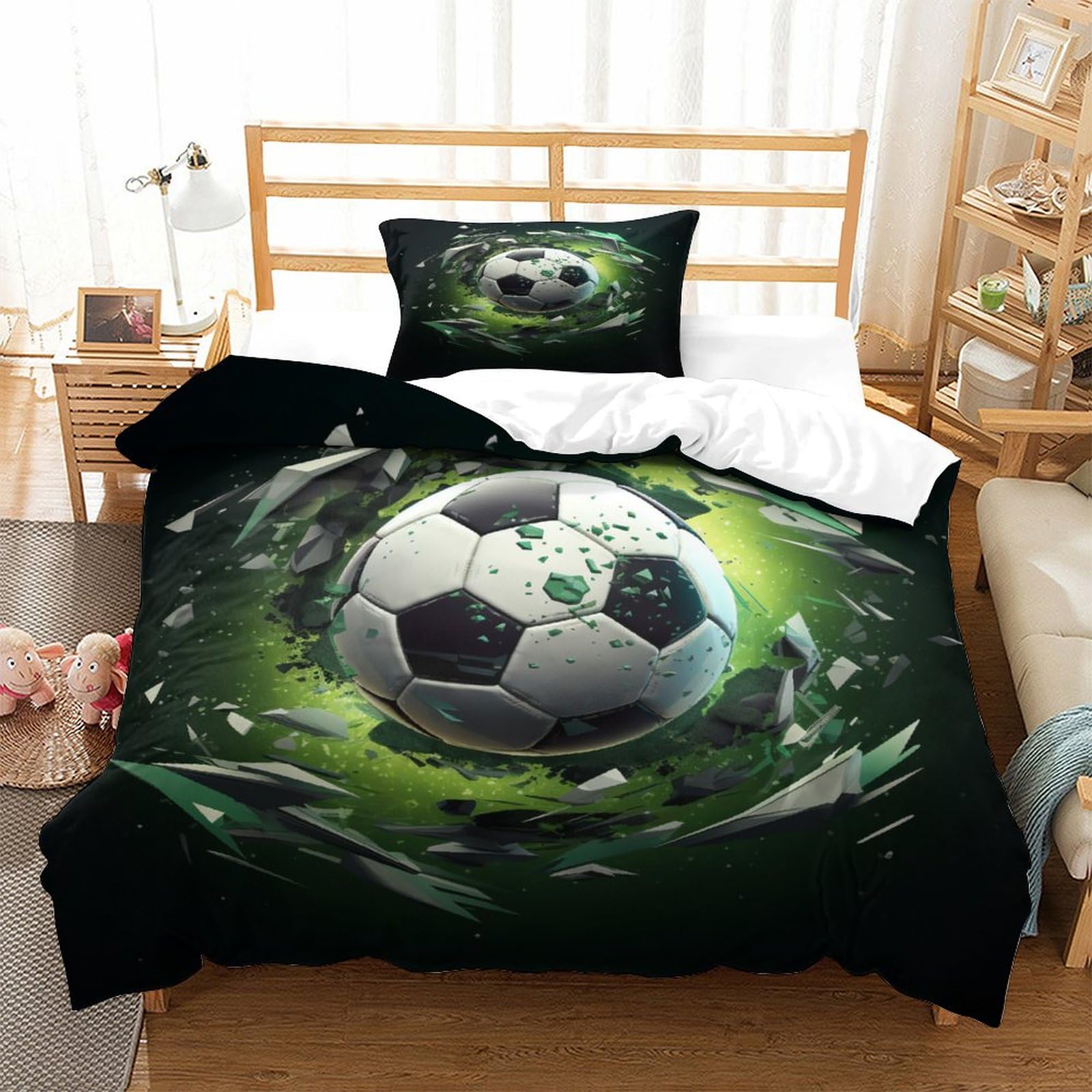 P1S9U7W5Y Dynamic 3D Printed Football Pattern 3 Piece Microfiber Duvet Cover Set for Adults Teens Bedroom Decor Sports Style Bedding Set Soft Breathable Single（135x200cm）