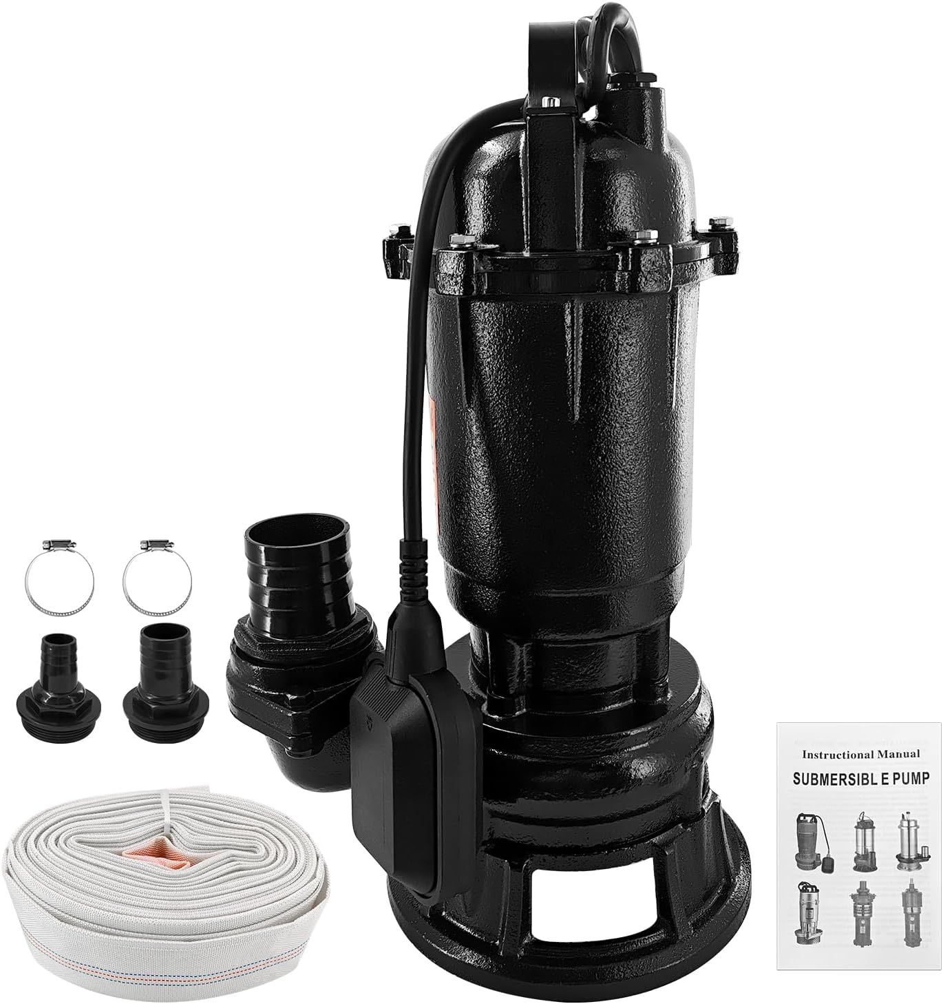 2HP 220V Submersible Sewage Grinder Pump W/Blades 6498GPH Effluent Pump w/Automatic Float Switch and 66ft Hose for Sump Basin, Basement, Residential Sewage, 2'' NPT Discharge