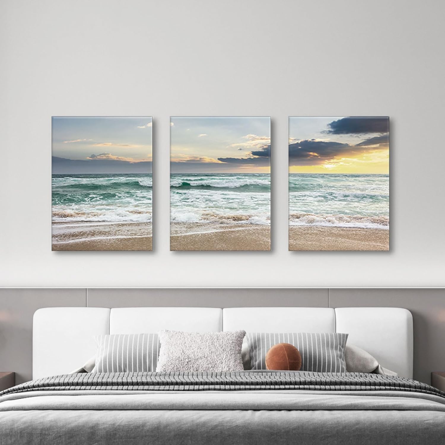 daktenn 3 Piece Beach Wall Art Ocean Wall Art Beach Pictures Wall Decorations for Bedroom Sunset Landscape Painting Coastal Wall Decor Sunrise Wave Prints 18x24x3Panels