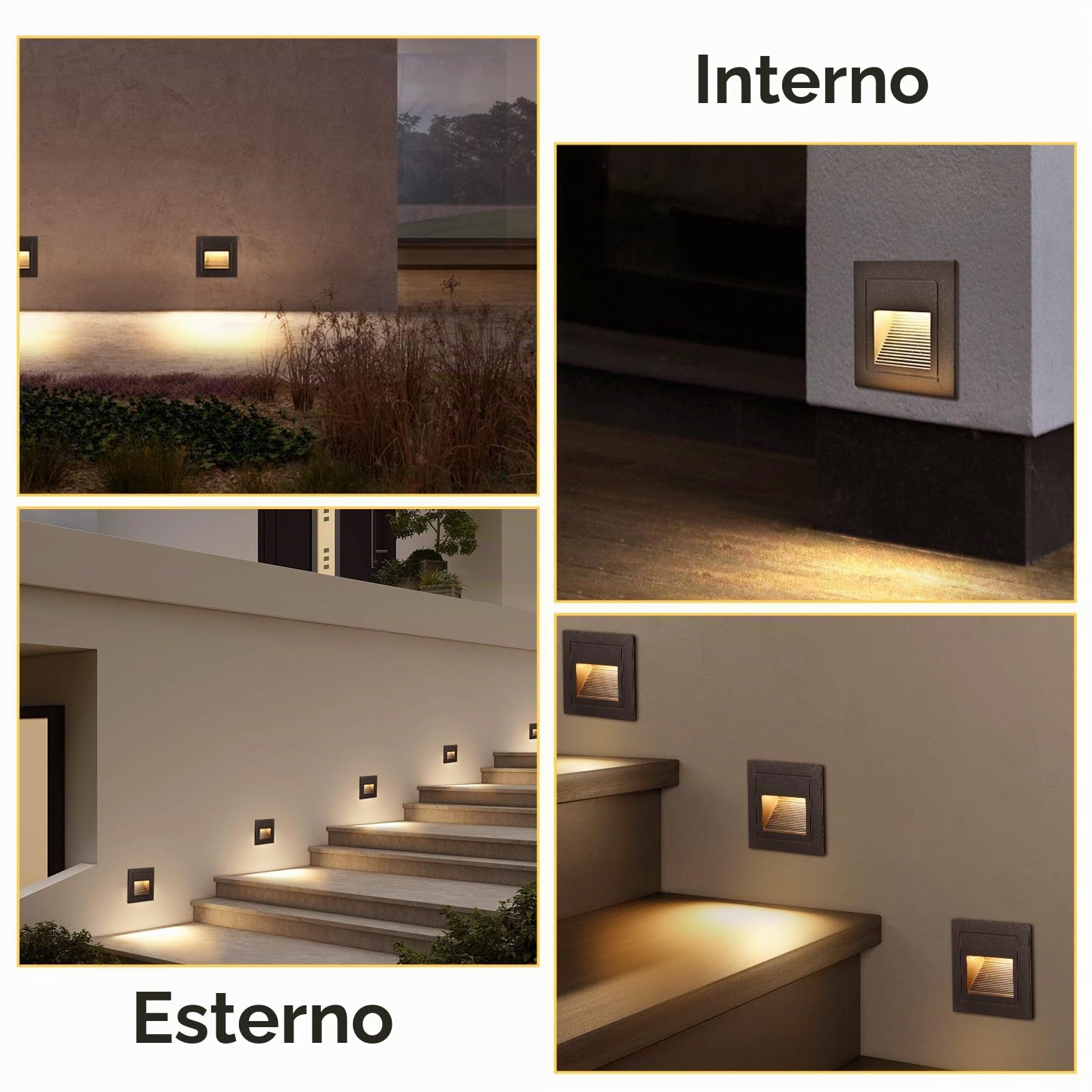 VivaLet Lampada LED Segnapasso da Incasso 8 Pezzi 3W 300LM, Luci Per Scale da Parete Per Esterni 230V 3000K, IP65 Scatola da Incasso 68 mm, 85 X 85 mm, Applique Alluminio Nero