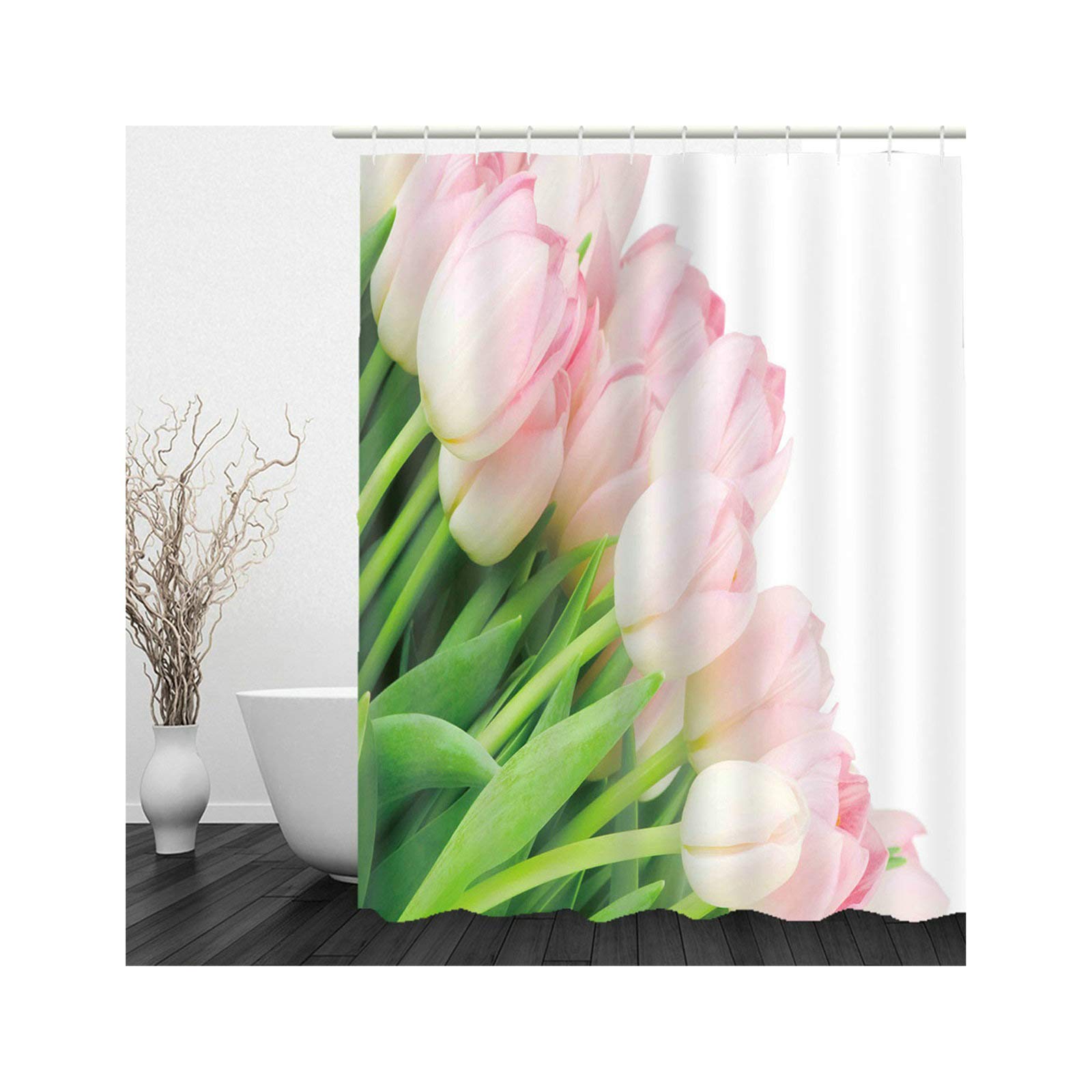 ANAZOZ 165x200 Shower Curtain,Tulip flowers Shower Curtains Bathroom Polyester Green Pink,Simple Shower Curtain Hooks