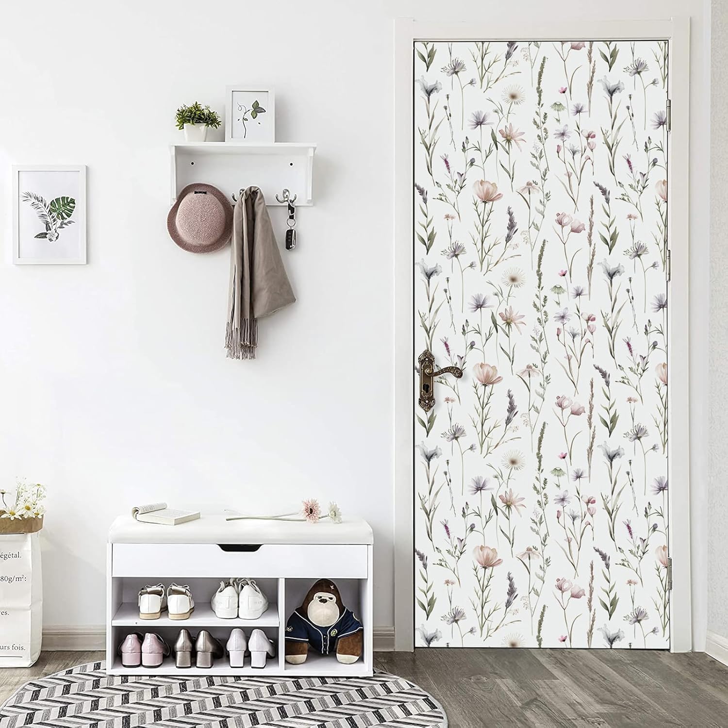 Floral Wallpaper Peel and Stick Vintage Boho Self-Adhesive Contact Paper Removable Waterproof Pink and Green Vinyl Wallpaper for Bedroom Bathroom Kitchen Cabinets DIY Home Decor 17.3"x196.8"