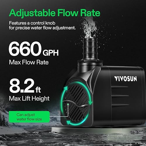 VIVOSUN 660GPH Submersible Water Pump, 2500L/H 35W aquarium pump, Ultra Quiet Fountain Pump with 8.2ft/2.5m High Lift for Fish Tank, Pond, Aquarium, Statuary, Hydroponics(660GPH)