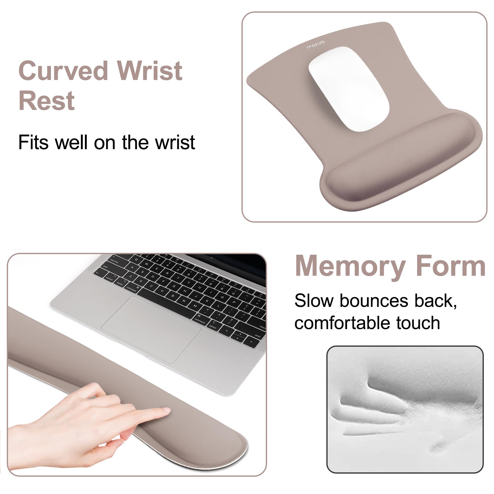 MOSISO Reposamuñecas para Tapa Ratón y Teclado, Alfombrilla Ratón Ergonómico Base Antislip Hogar/Alivio Dolor Oficina y Cojín Easy Tipe con tela de Neopreno y Espuma Viscoelástica, Marrón Taupe