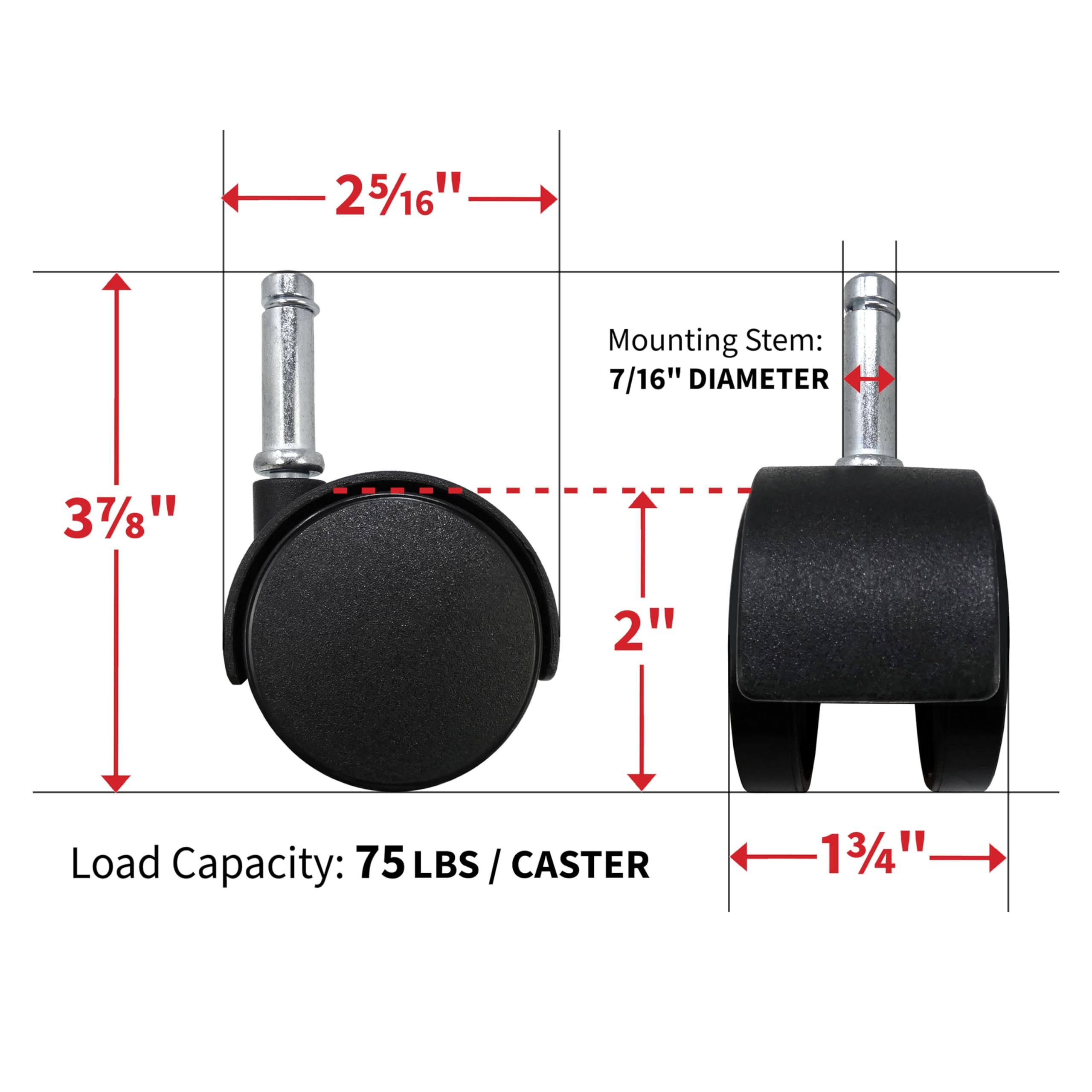Roue Pour Chaise De Bureau 2-Inch Office Chair Stem Caster, Twin