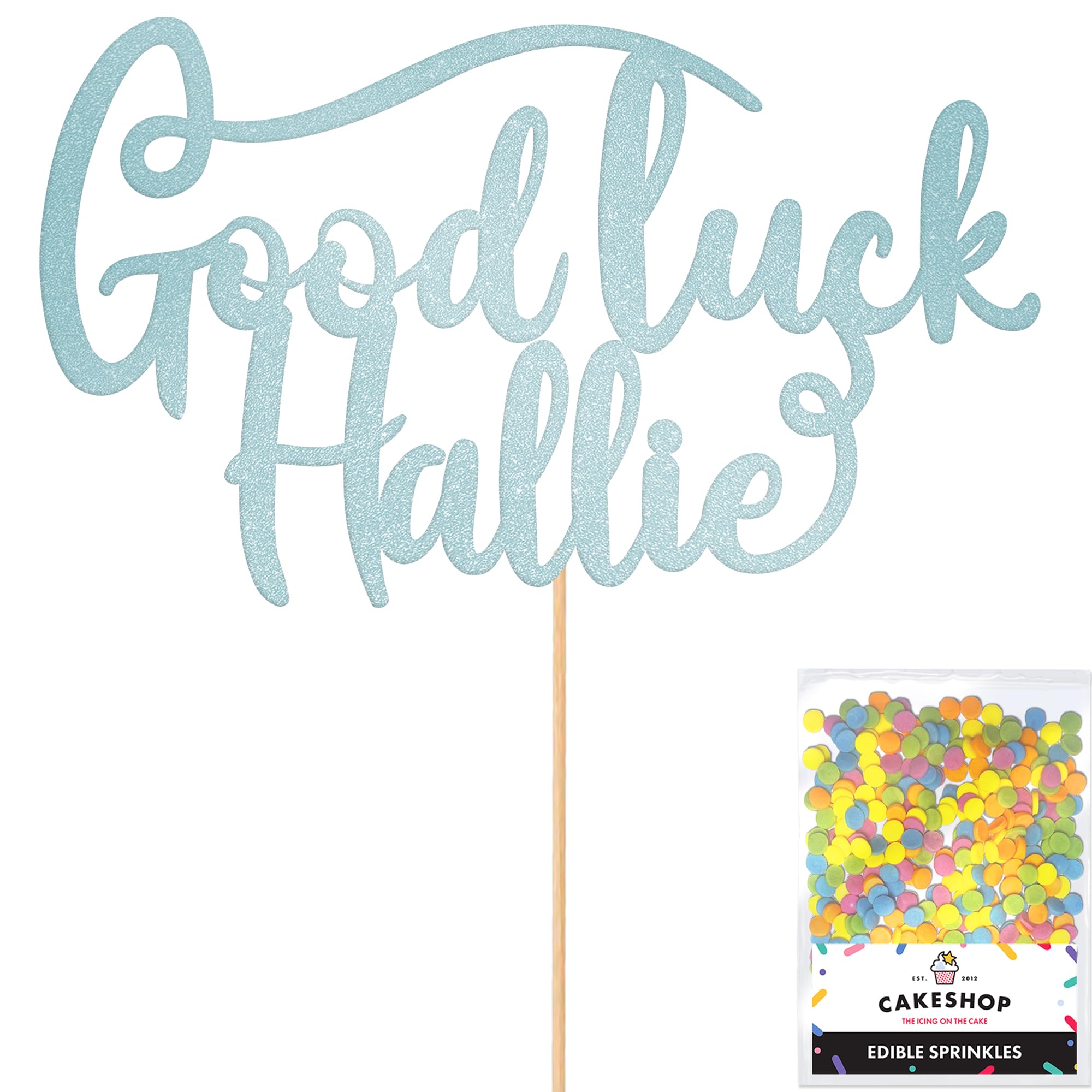 Cakeshop Personalised Good Luck Glitter Cake Topper With Sprinkles - Light blue Custom Colour - Any Name - Double-Sided Glitter Card Cake Decoration - Custom Toppers for Cakes