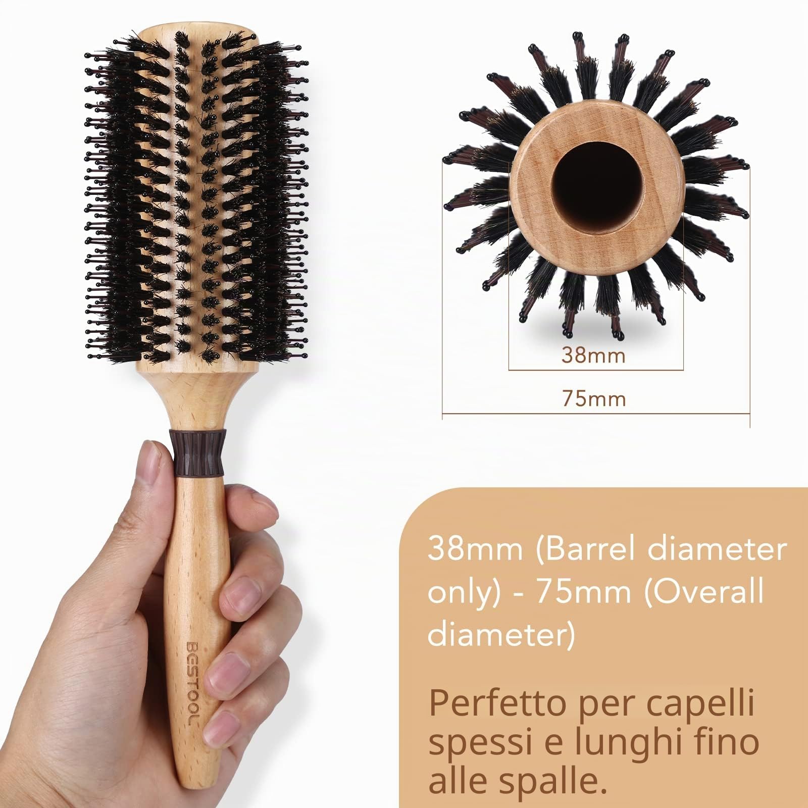 BESTOOL Spazzola rotonda per asciugatura, setole di cinghiale con perni in nylon Spazzola rotonda per capelli, spazzola professionale per lo styling per donne e uomini (Barrel 38mm)