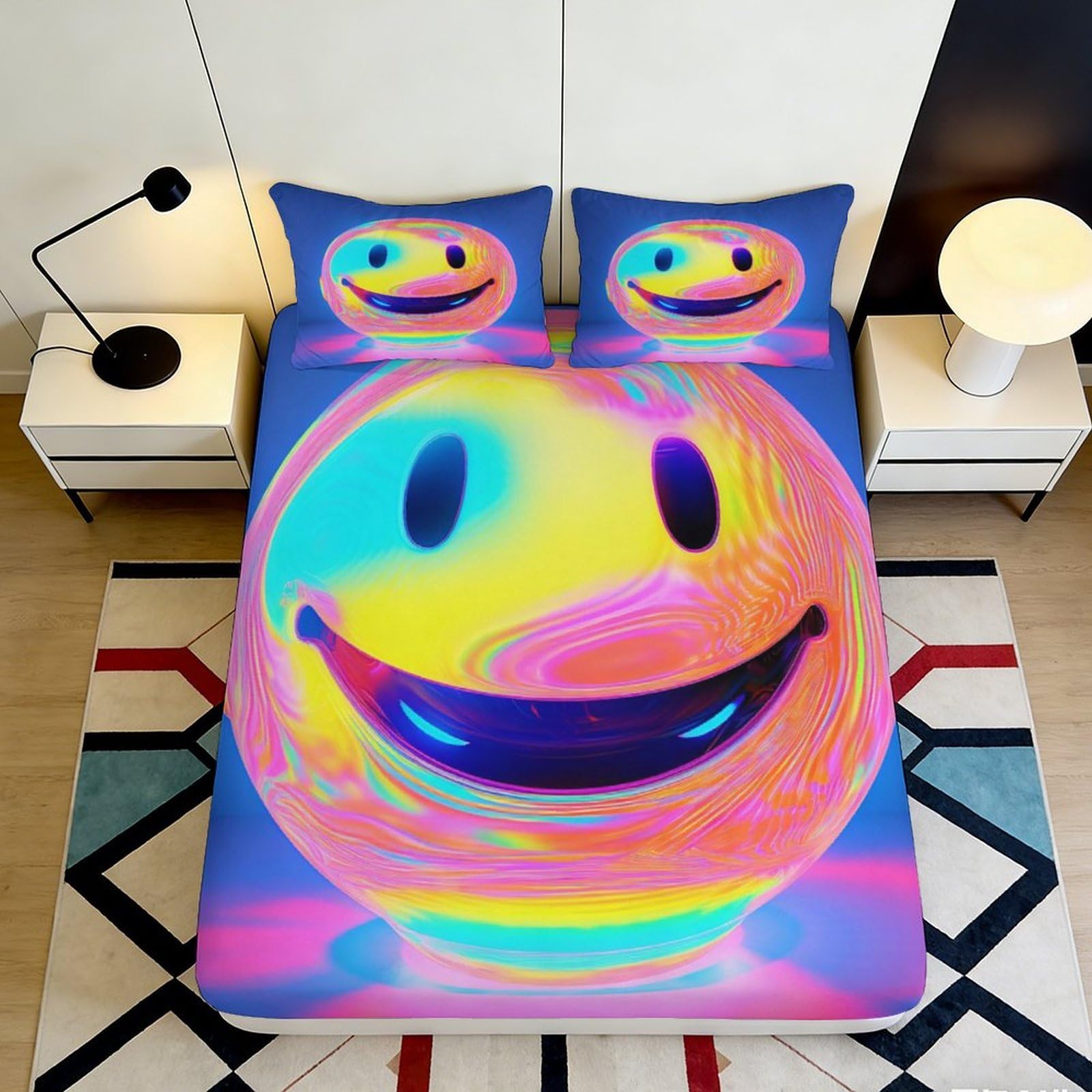 3D Printed Neon Smiley Face Fitted Sheet Microfiber Soft Anti-Slip Psychedelic Emoji Mattress Cover Bedroom Decor 120x200x25cm