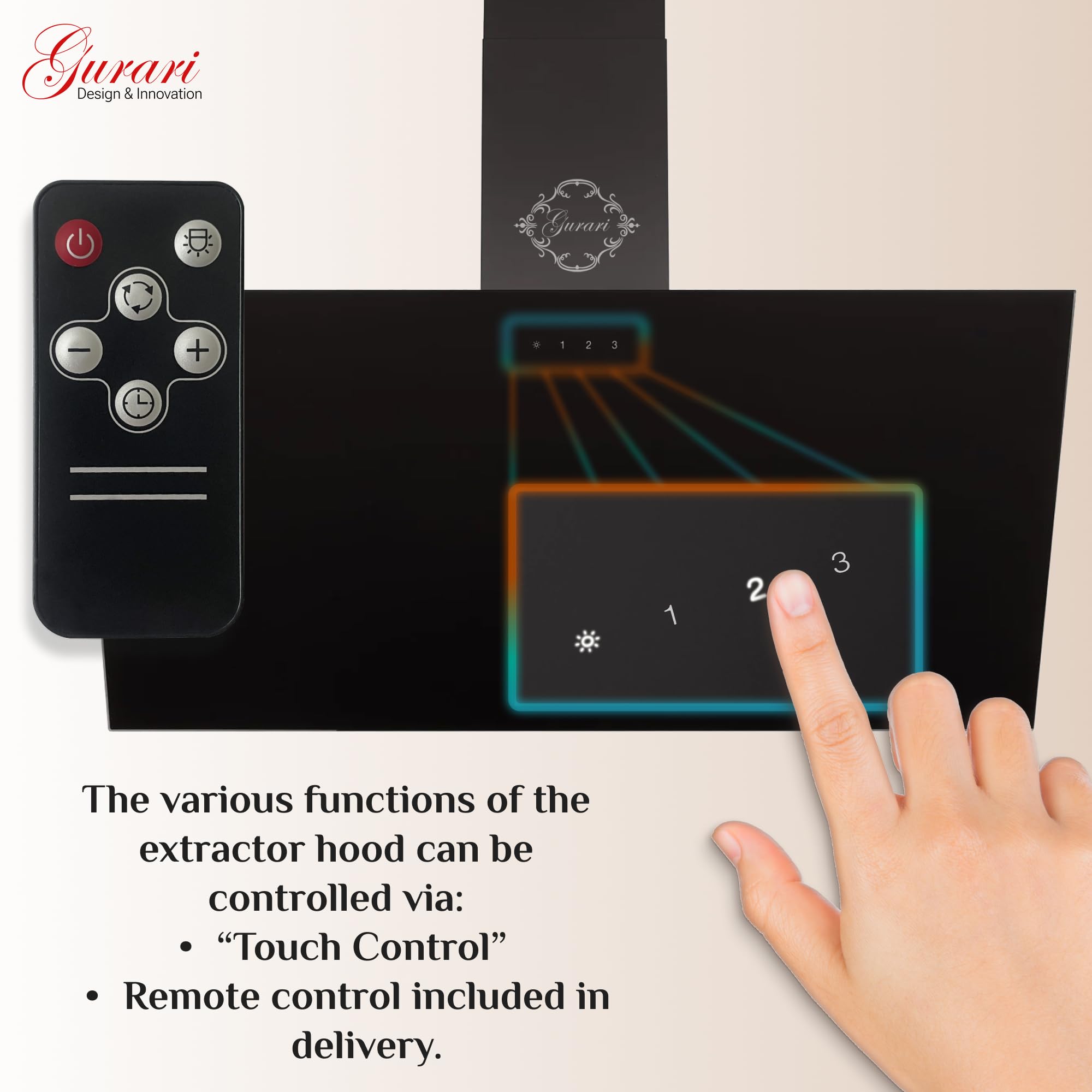 Gurari Cappa Aspirante 90 cm a Parete GCH D 286 Vetro Nero | Design Senza Testa e Inclinato | Motore 1000 m³/h | TouchControl, Telecomando Incluso | LED | Timer | Filtro Lavabile | Scarico e Ricircolo