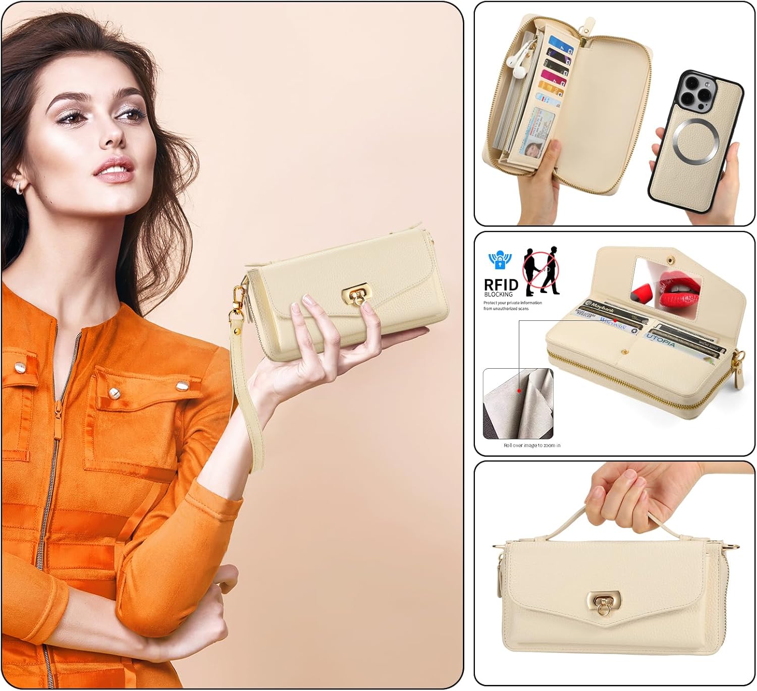 Crossbody Wallet Case for iPhone 16 Pro Max, Magnetic Detachable Floral PU Leather Phone Case with RFID Blocking Card Holder Wristlet Mirror Flip Zipper Shoulder Purse for Wome - White