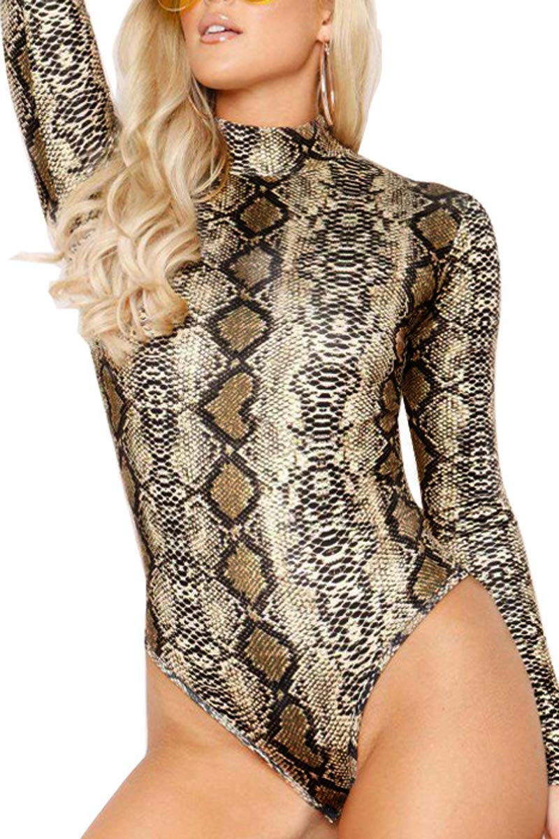 Womne's Wild Snakeskin Tops Bodysuit Pullover Long Sleeves Shirt Romper S