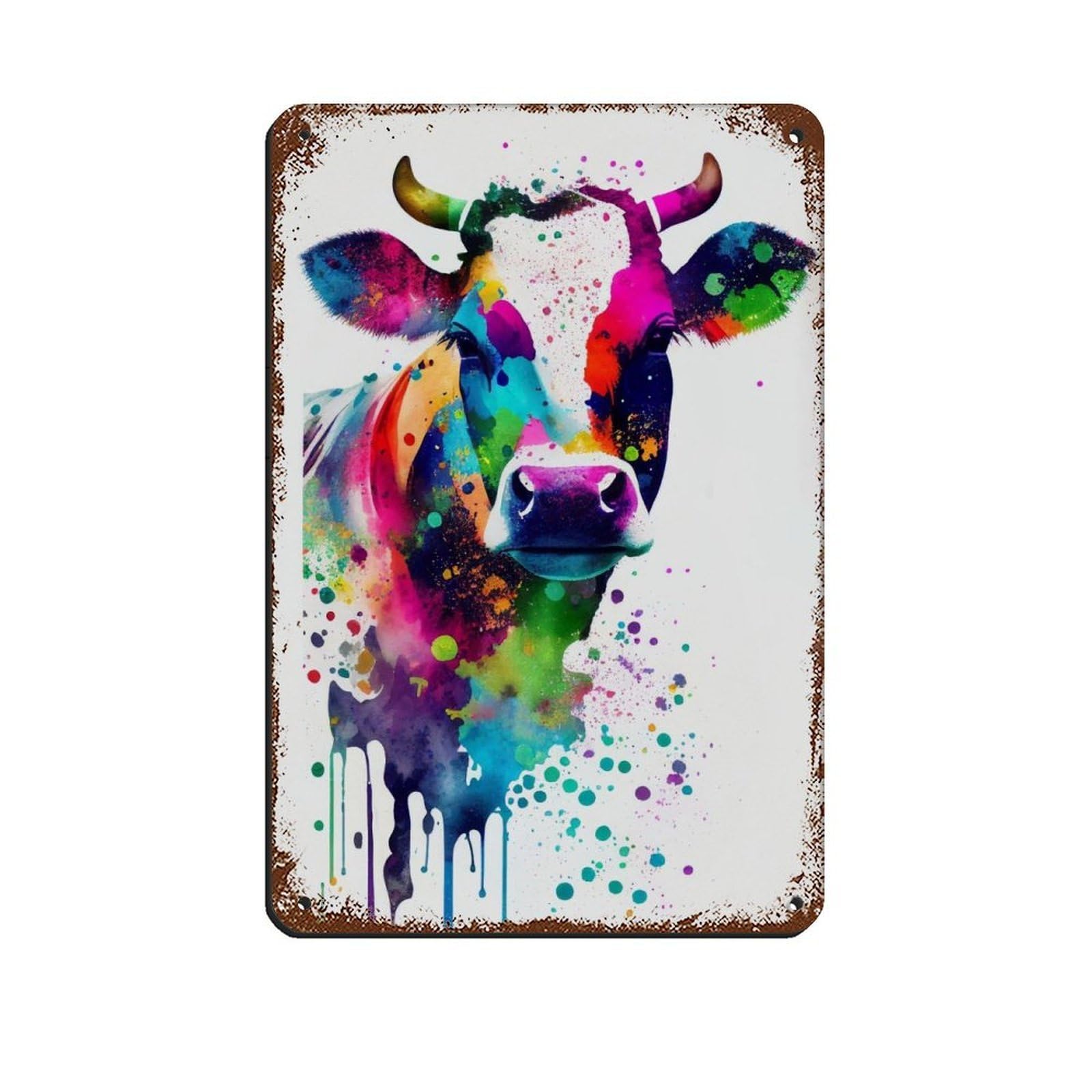 Watercolour Cow Portrait Poster Tin Sign Vintage Metal Pub Club Cafe Bar Home Wall Art Decoration Poster Retro 8x12inch(20x30cm)