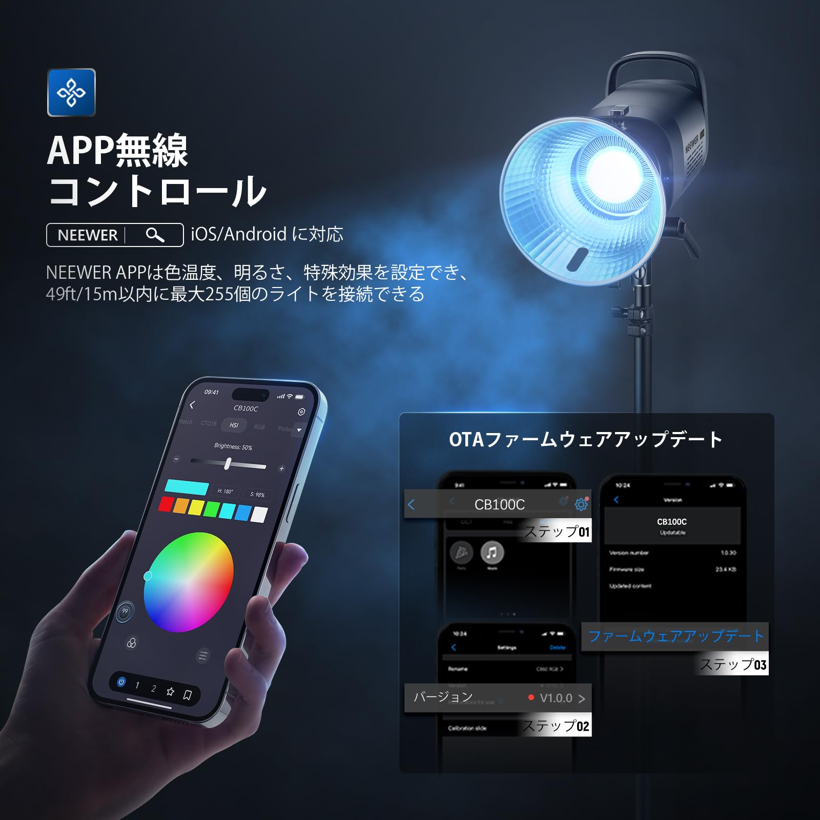 Amazon | NEEWER CB100C 130W RGB LEDビデオライト 2.4G&APP制御 360 