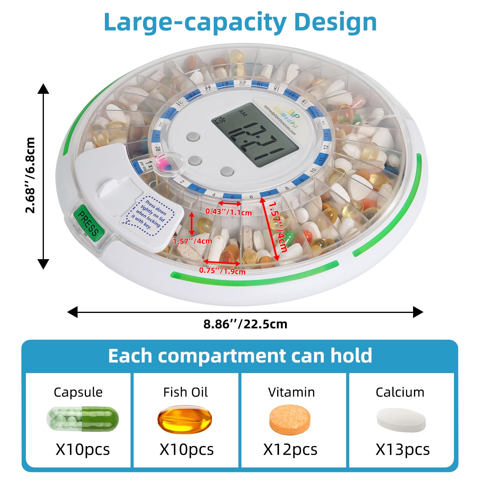 EziMedPil Automatischer Pillendosierer mit Audio- und visuellen Benachrichtigungen, bis zu 6 Alarme/Tag, 6 Dosiervorlagen, leicht ablesbares LCD-Display, Verriegelung Medikamentendosierer mit