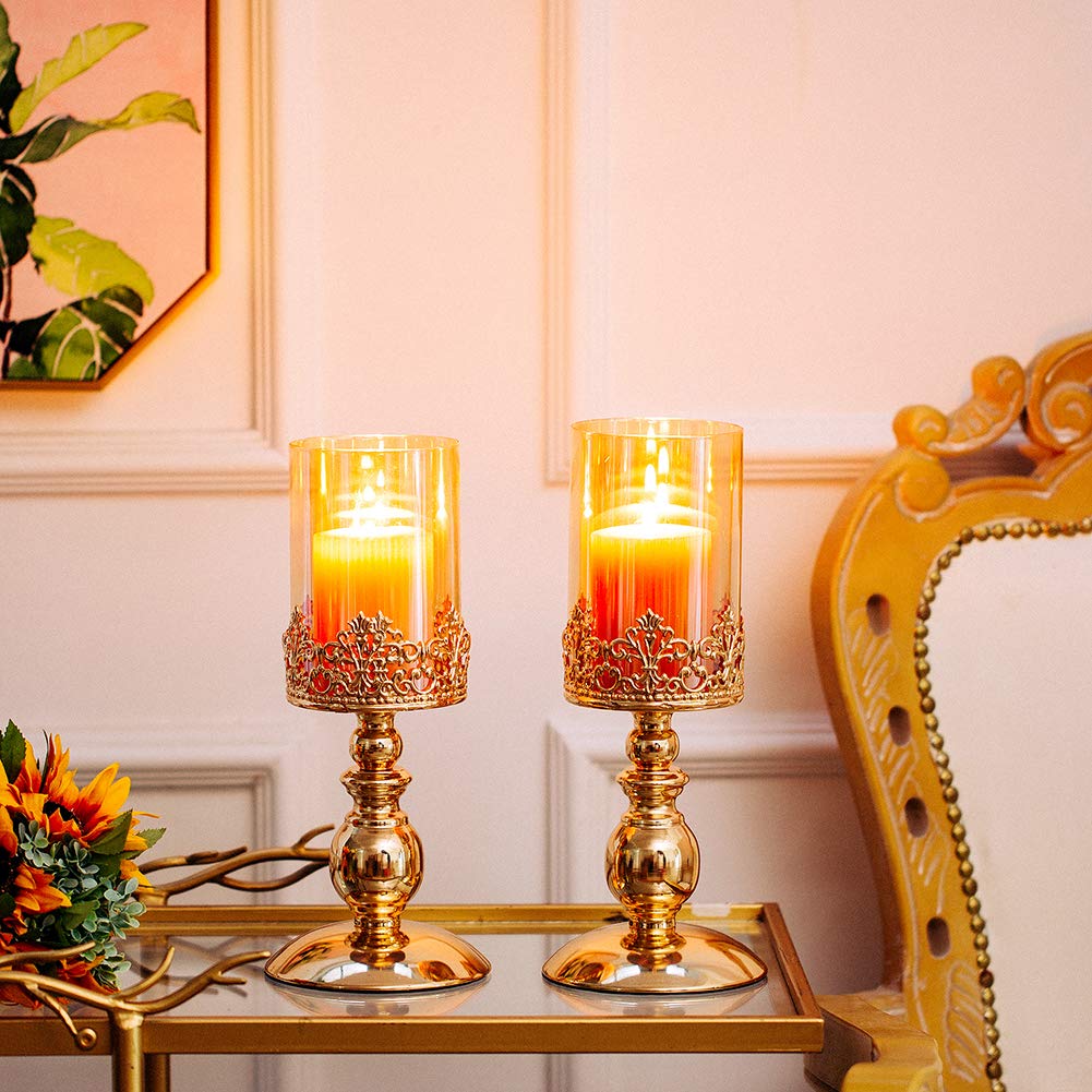 Candelabros de Pilar con Vidrio, Juego de 2 Candelabros Oro para Huracanes Regalos para la Decoración del Hogar, Candelabro para el Aniversario Bodas Centros Mesa para Fiestas Casa, Tamaño Pequeño
