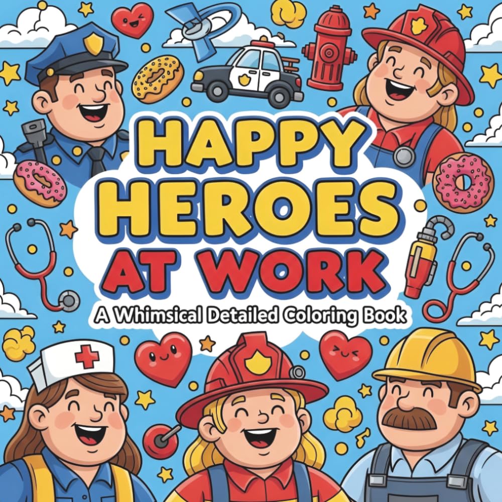Happy Heroes at Work: A Whimsical Detailed Coloring Book: Explore dozens of careers including Firefighters, Doctors, Bakers, Astronauts, Pilots, Scientists, and more!