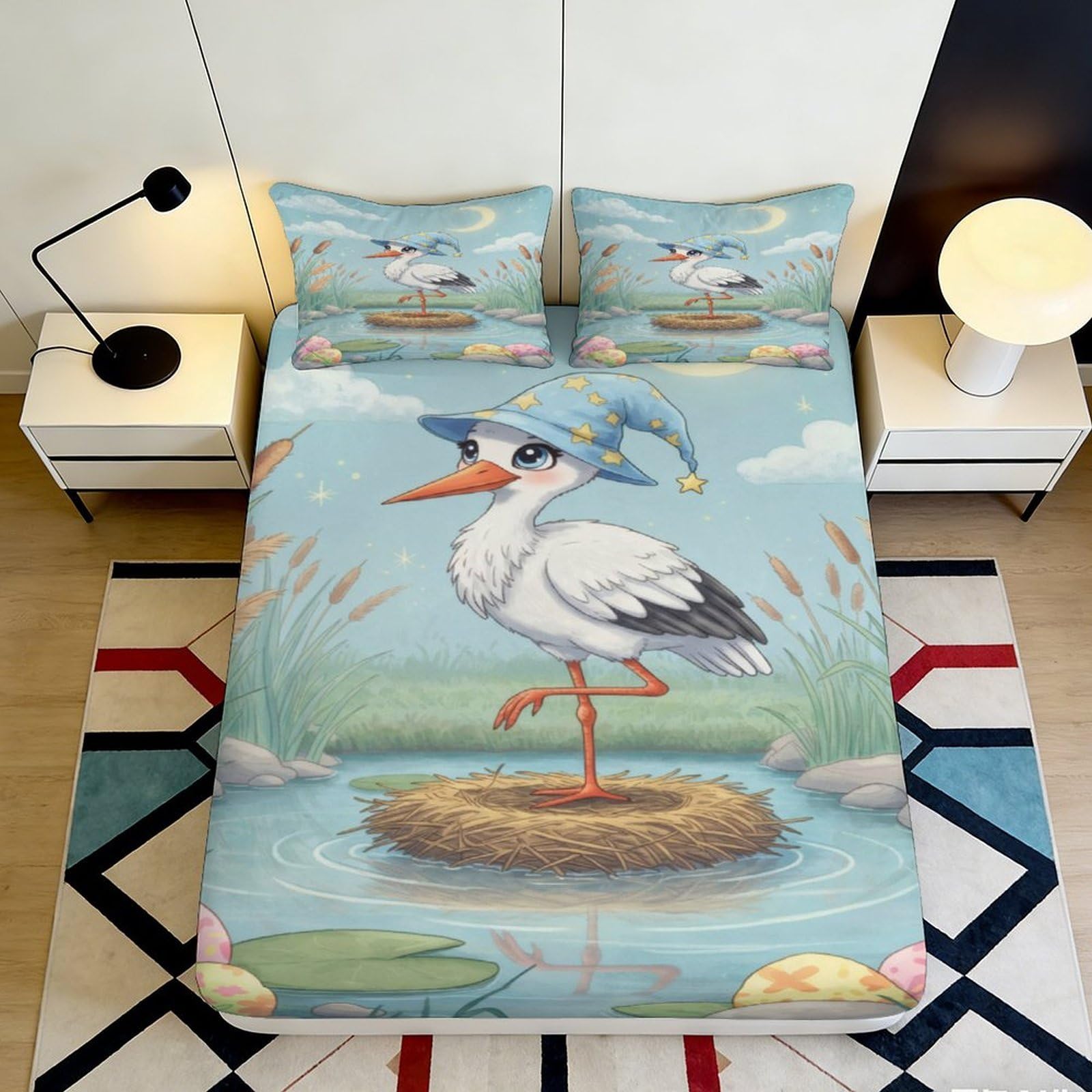 3D Printed Cute Stork Fitted Sheet Microfiber Soft Breathable Cartoon Bird Mattress Cover for Bedroom Dormitory Guest Room Mattress Protection Decor 120x200x25cm