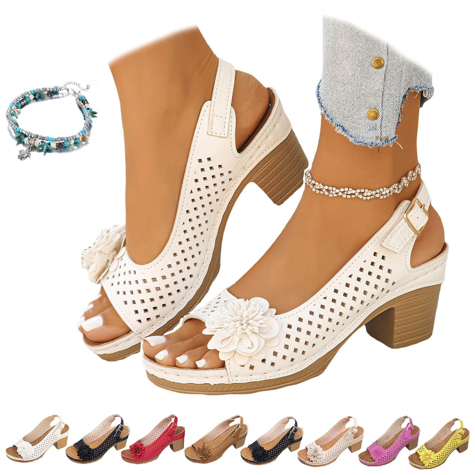 CLOUDEMO Buckled Square Heel Sandals for Women Dressy, Buckled Square Dressy Heel Summer Sandals, Low Slingback Peep Toe Wedge Shoes