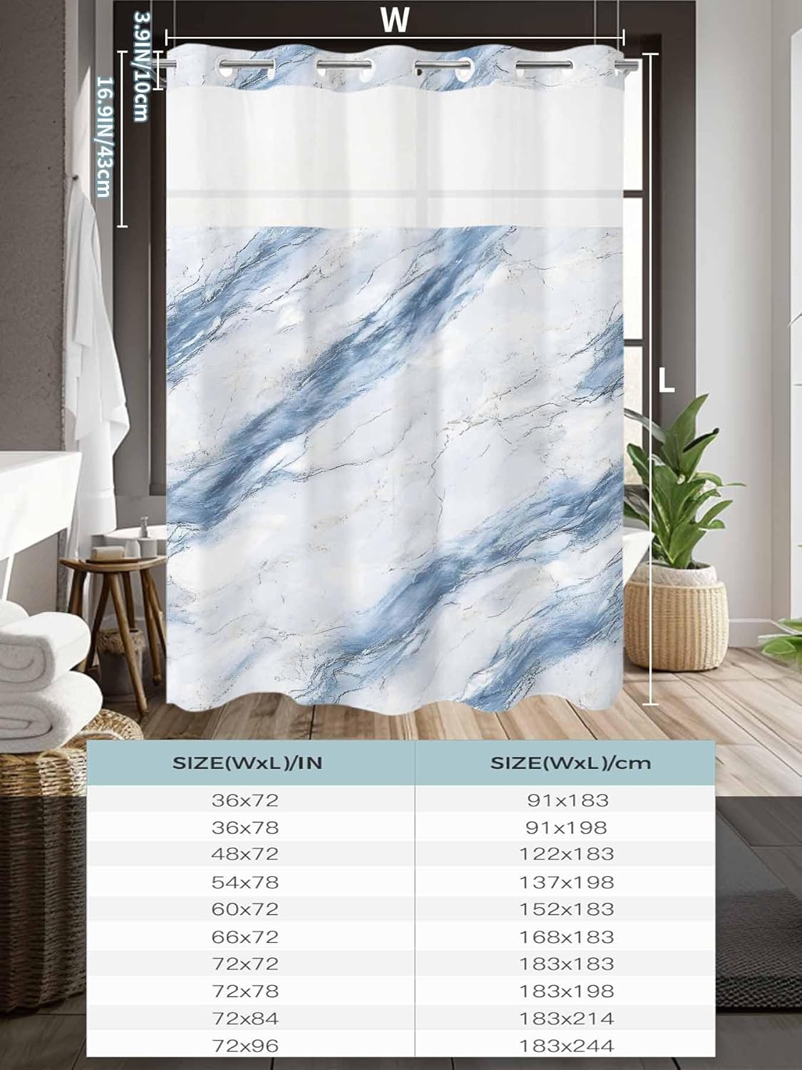 No Hook Shower Curtains with Snap in Liner, Blue Grey Marble Waterproof Fabric Shower Curtain, Ink Painting Modern Abstract Art Double Layers & See-Through Top Window Bathroom Curtains 36''x72''
