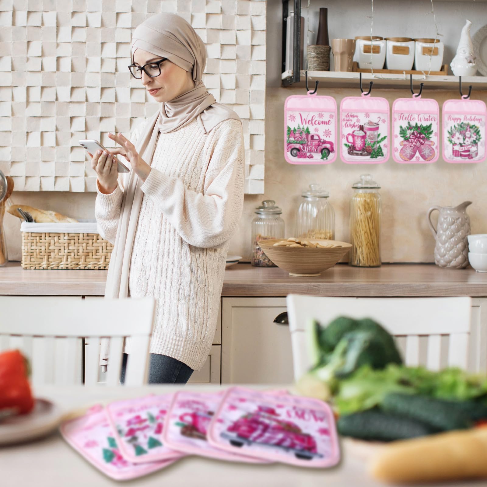 Jingmore Topflappen mit Tasche, Motiv: Hello Winter, Topflappen, Geschenk, Großpackung Schneemann, Zwerg, hitzebeständig, heiße Pads, Ofenhandschuhe, niedliche Schneeflocke, Ofenhandschuhe für