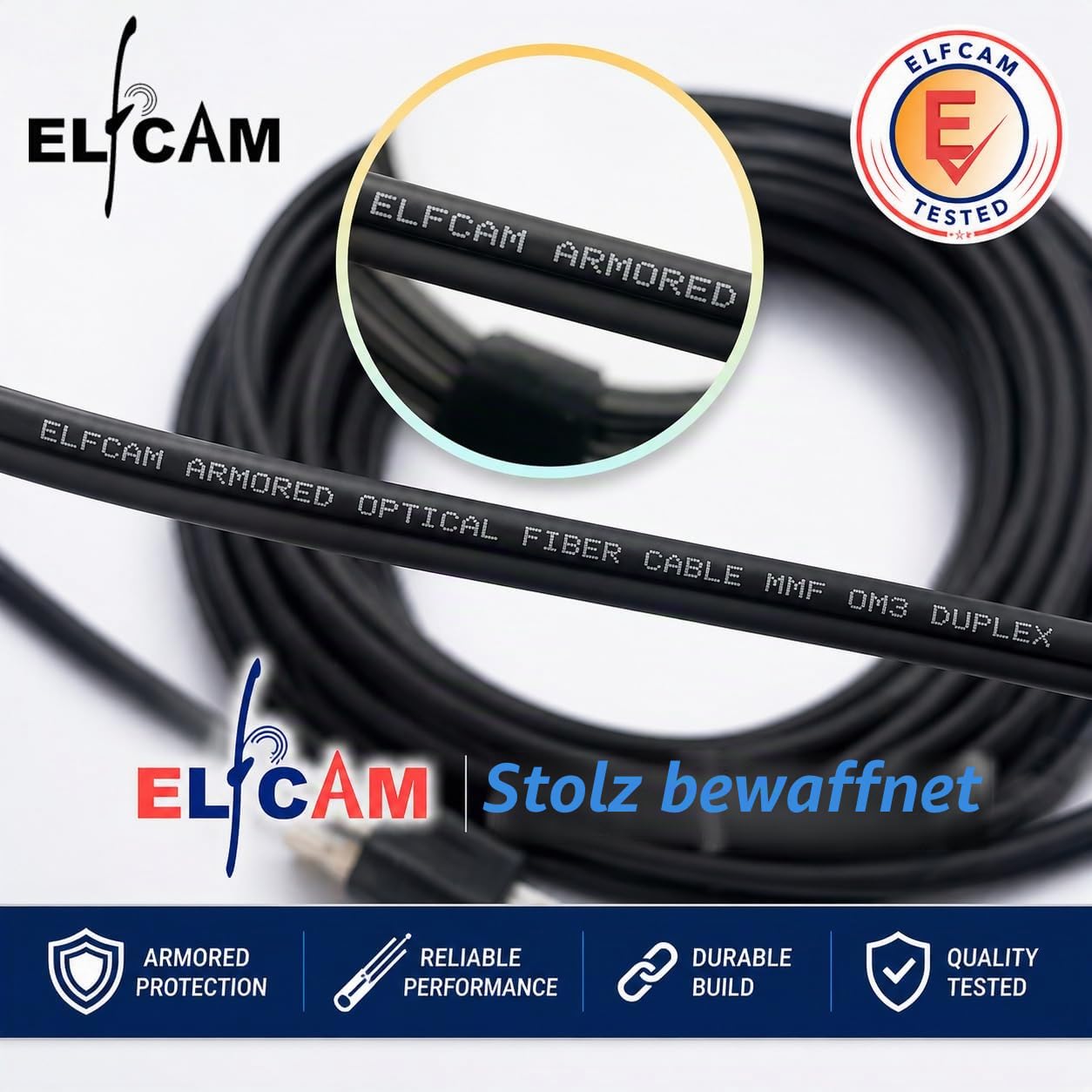 Elfcam® - 20m Gepanzerte Glasfaser-kabel LC/UPC auf LC/UPC OM3 Multimode Duplex 50/125um LSZH, LWL-Kabel LC für den Innen- und Außenbereich, Schwarz, 20M