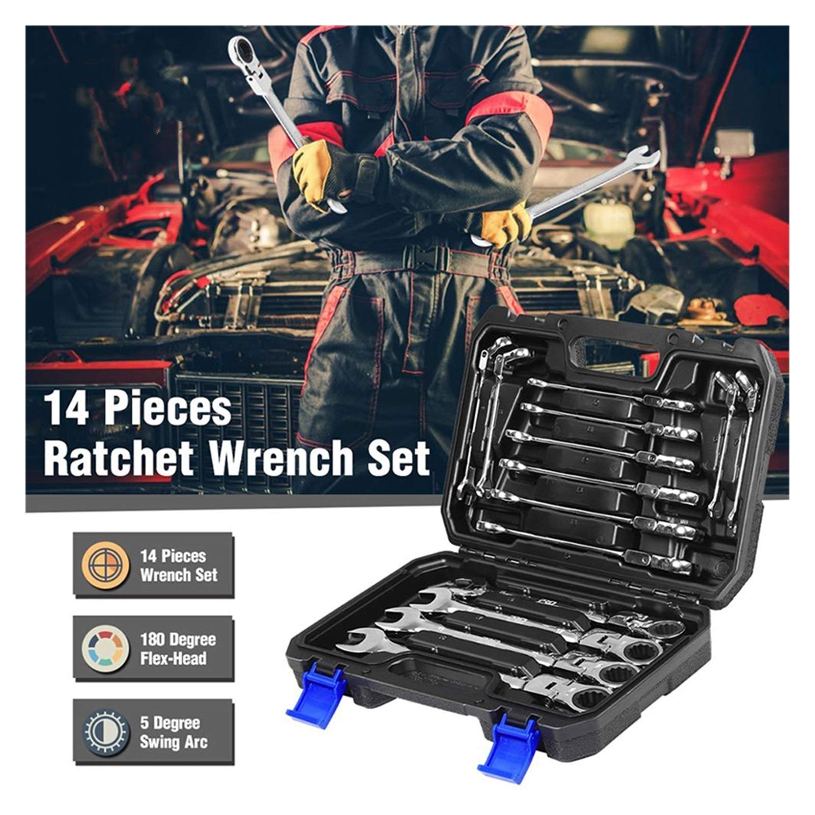 Set Chiavi Inglese 14pcs Keys Set Multitool della chiave a cricchetto Chiavi insieme dell'utensile manuale della chiave insieme universale Chiavi Strumenti Autofficina Strumenti 004