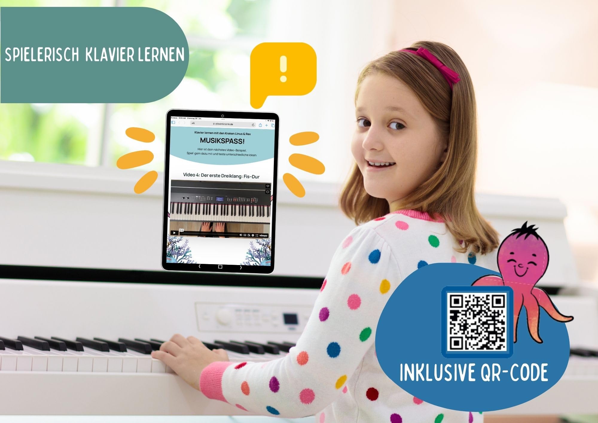 Musikspaß! Klavier lernen für Kinder mit den lustigen Kraken Linus & Rex: Ein spielerischer Einstieg in die Welt der Musik inkl. Videos, bunten Tastenschablonen und kreativem Lernmaterial