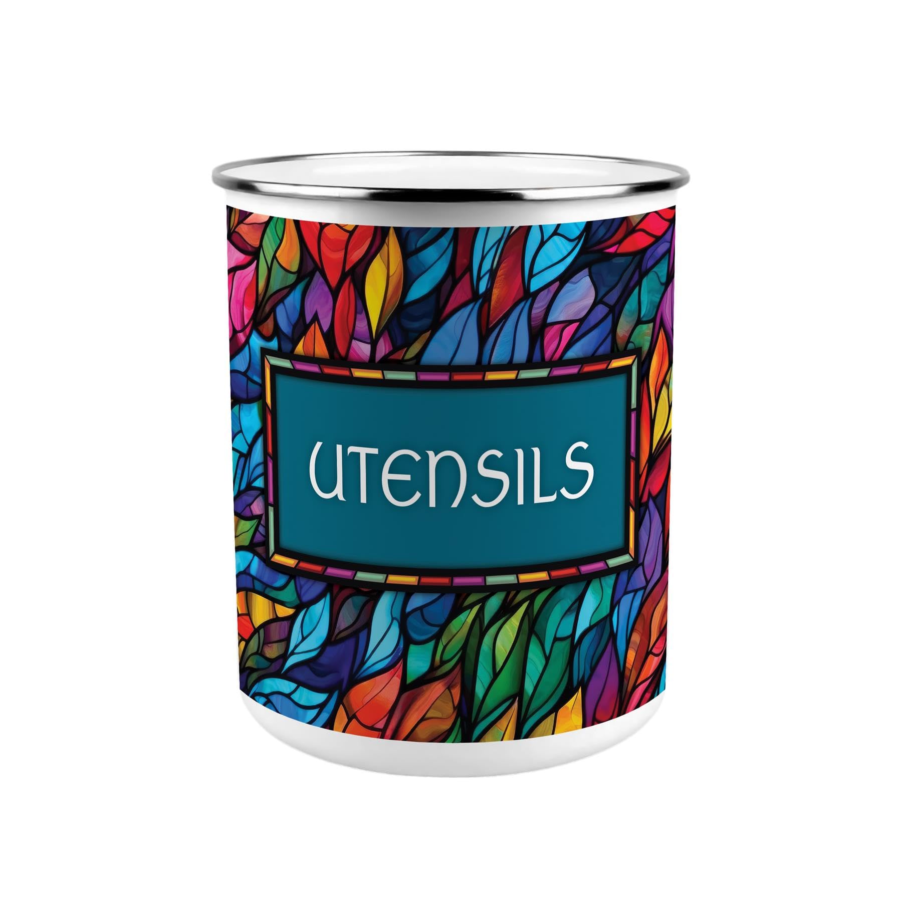 Purely Home Stained Glass Patterned Metal Utensil Holder - XL Kitchen Utensil Pot/Organiser for Countertop Decor Gift 18x16.5cm