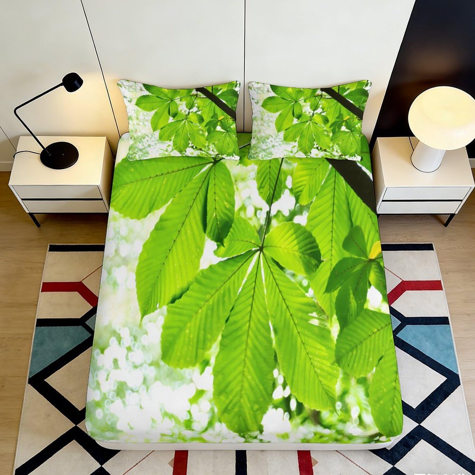 3D Printed Green Leaf Nature Fitted Sheet Microfiber Soft Breathable Botanical Forest Mattress Cover for Bedroom Guest Room Decor 120x200x25cm