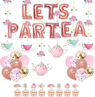 Tea Party Decorations with LET'S PAR TEA Foil Balloons Floral Tea Party Hanging Decorations Latex Balloons and Teapots Teacups Cupcake Toppers for Lets Par-Tea Party Dec Tea Birthday Party Supplies