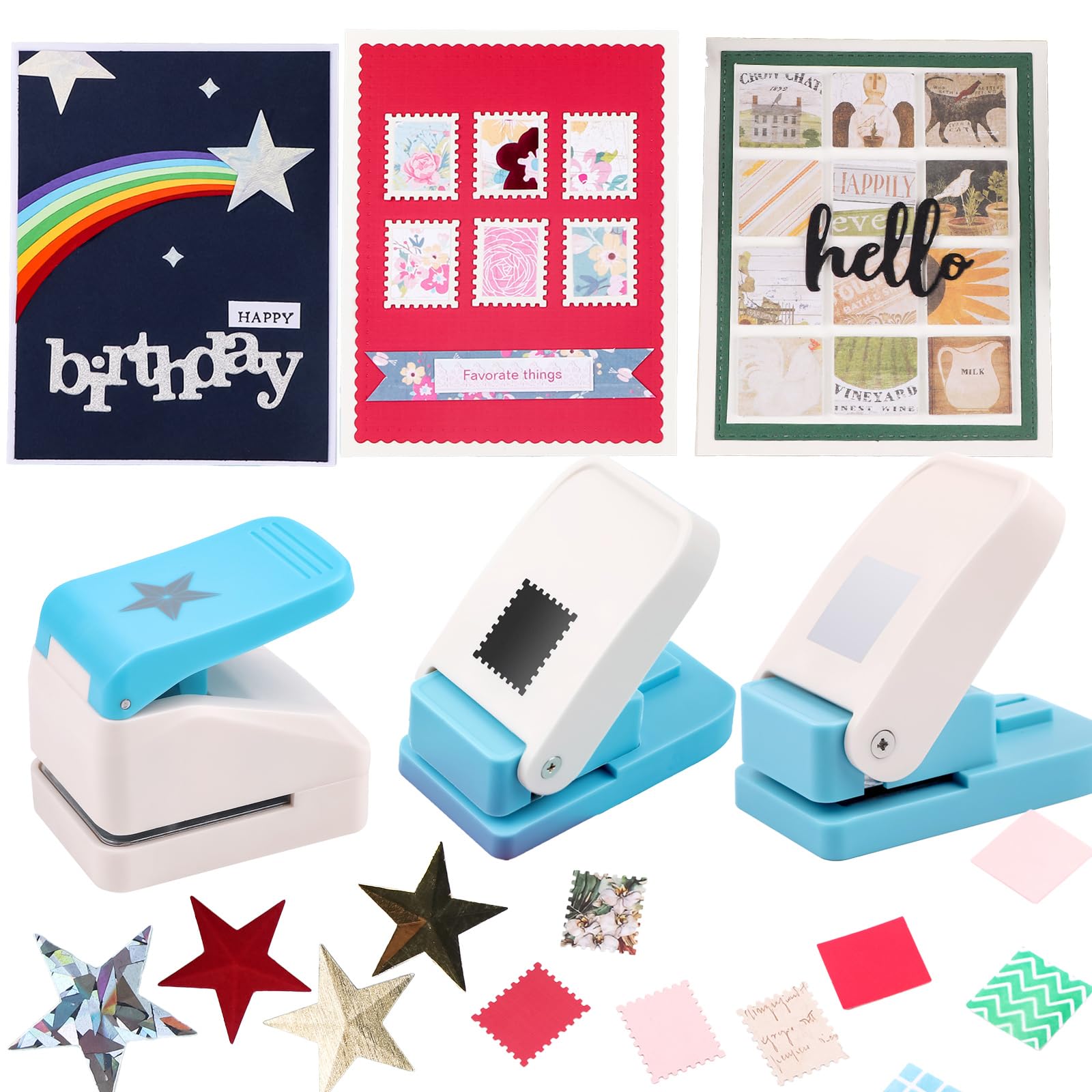 OTCRAFT 3Pcs Stamp Paper Punch Set |Stamp Punch1x0.8inch | Square Punch1X1 inch|Star 1.4x1.4inch Embossing Punch for Paper Crafting Scrapbooking DIY Card Making Arts Crafts Supplies — image 1
