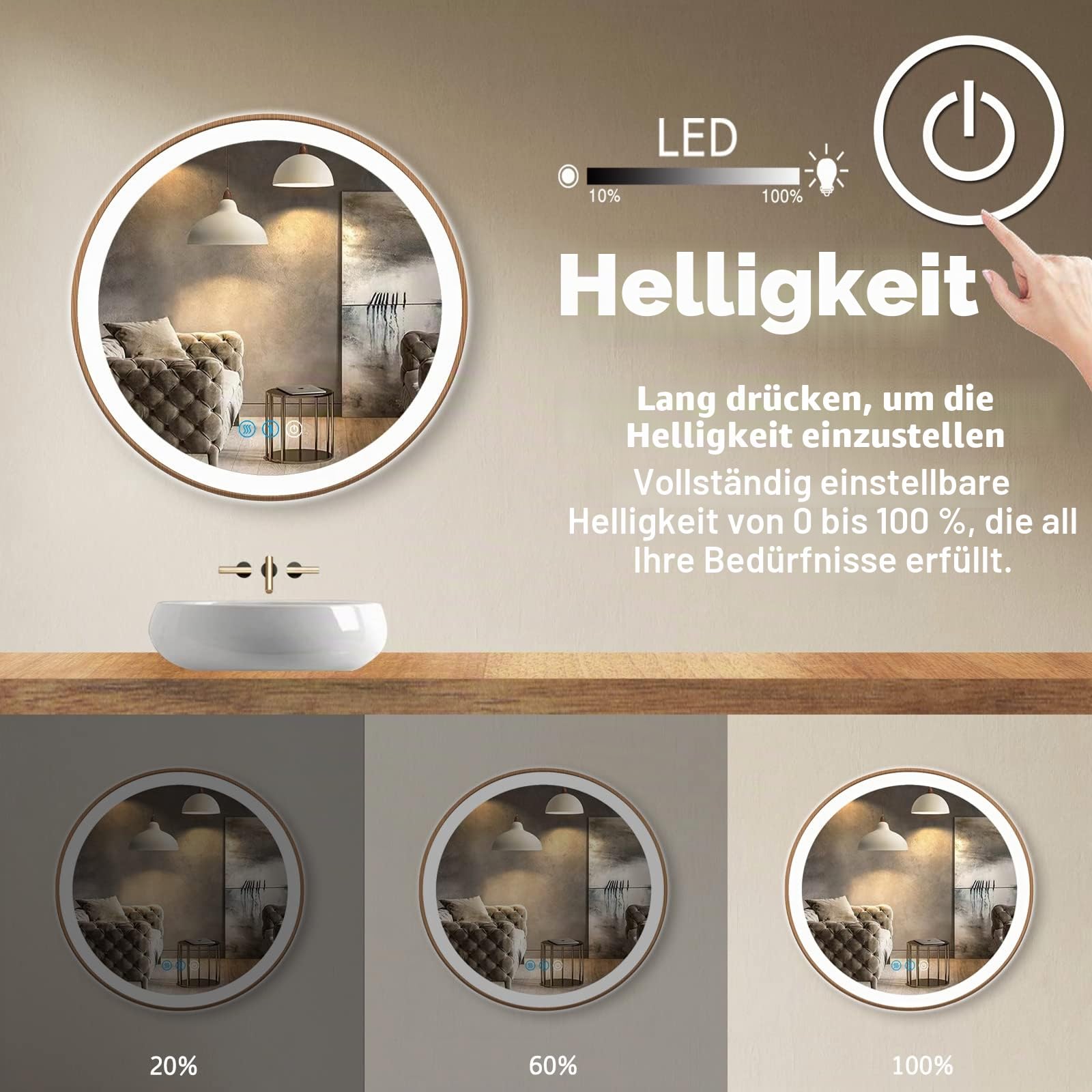Holzrahmen, runder LED-Badezimmerspiegel mit Lichtern, 50.8 cm, Holz, rund, beleuchtet, Spiegel für Badezimmer, Wand, Schminktisch, Badezimmer, intelligenter Kreisspiegel