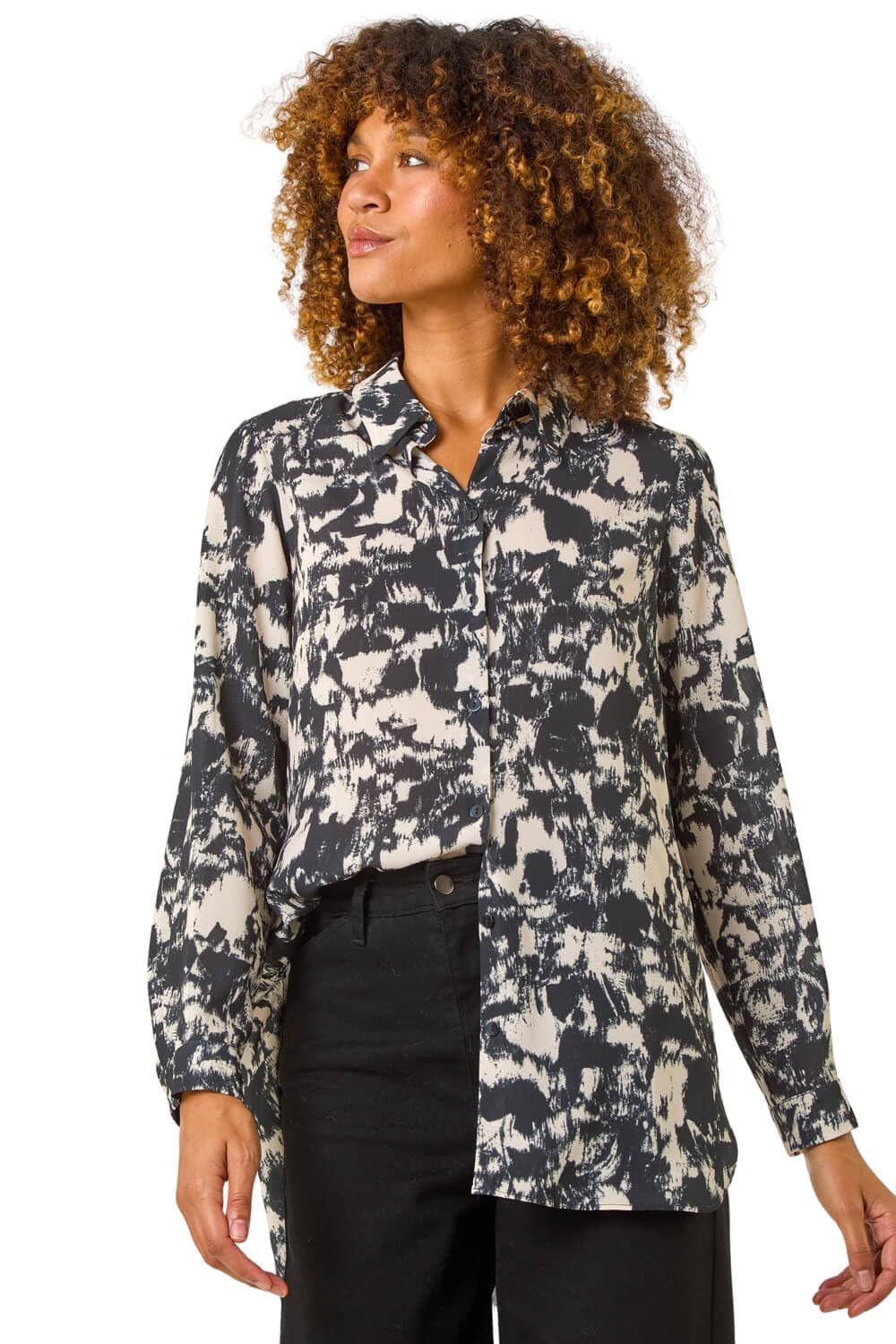 Roman Women's Black Abstract Print Collar Button Up Detail Blouse Size 10