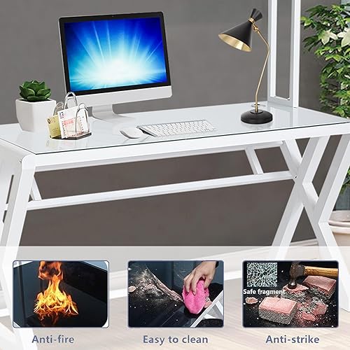 Miniatura 4 de Escritorio para computadora con estantes, parte superior de vidrio y marco de metal, escritorio blanco con estantes de 2 niveles, escritorio moderno