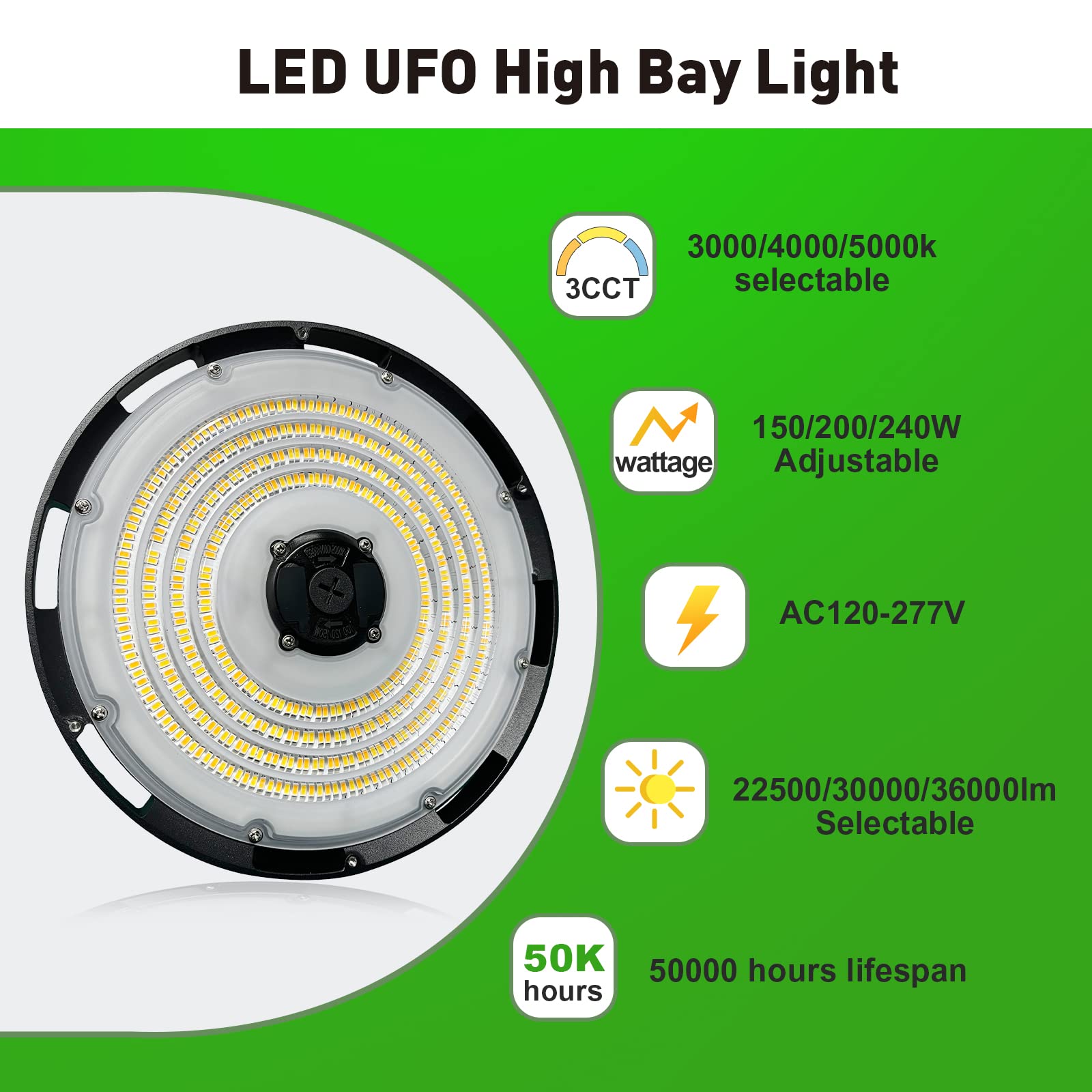 UFO LED High Bay Light 150 200 240 Wattage Selectable with Preinstalled Hook IP65 Waterproof 0-10V Dimmable Commercial — view 2