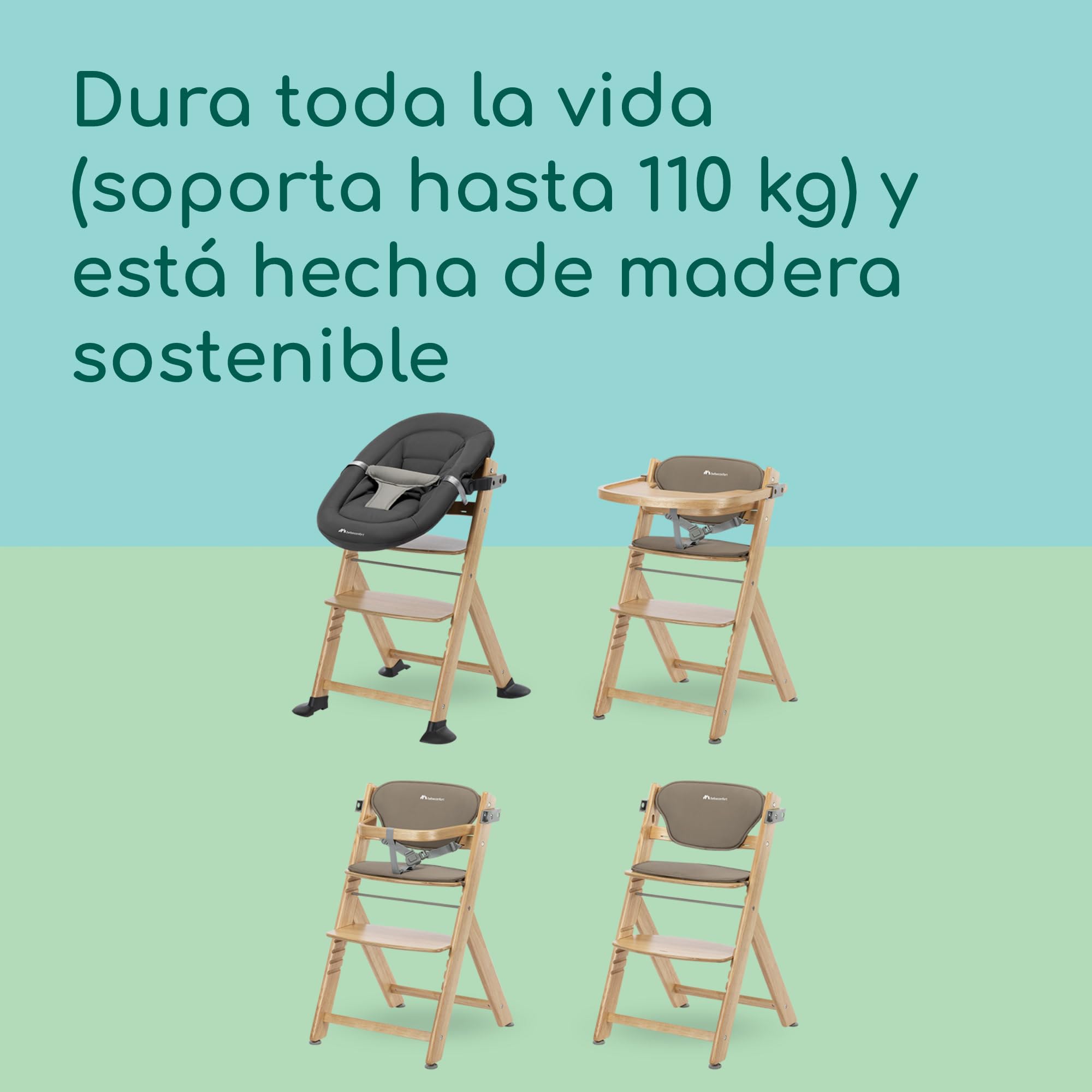 Bebeconfort Timba 2 con Cojín, Trona Bebé Evolutiva, Desde 6 meses hasta 110 kg, Silla Trona Bebé Comedor Ergonómica, Apta Todo Tipo Mesas, Bandeja Extraíble, Con Arnés, Natural Wood (Madera)+Beige