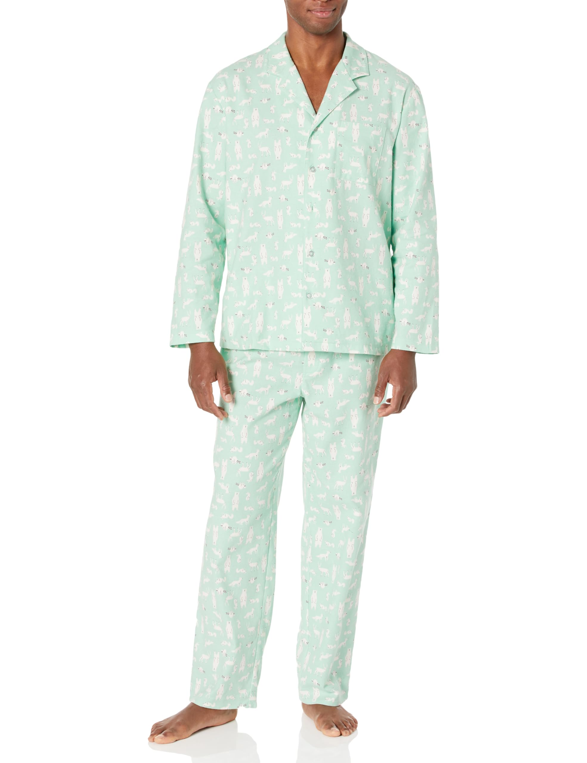Amazon Essentials Men's Flannel Pajama Set, Mint Green Forest Animals, X-Large
