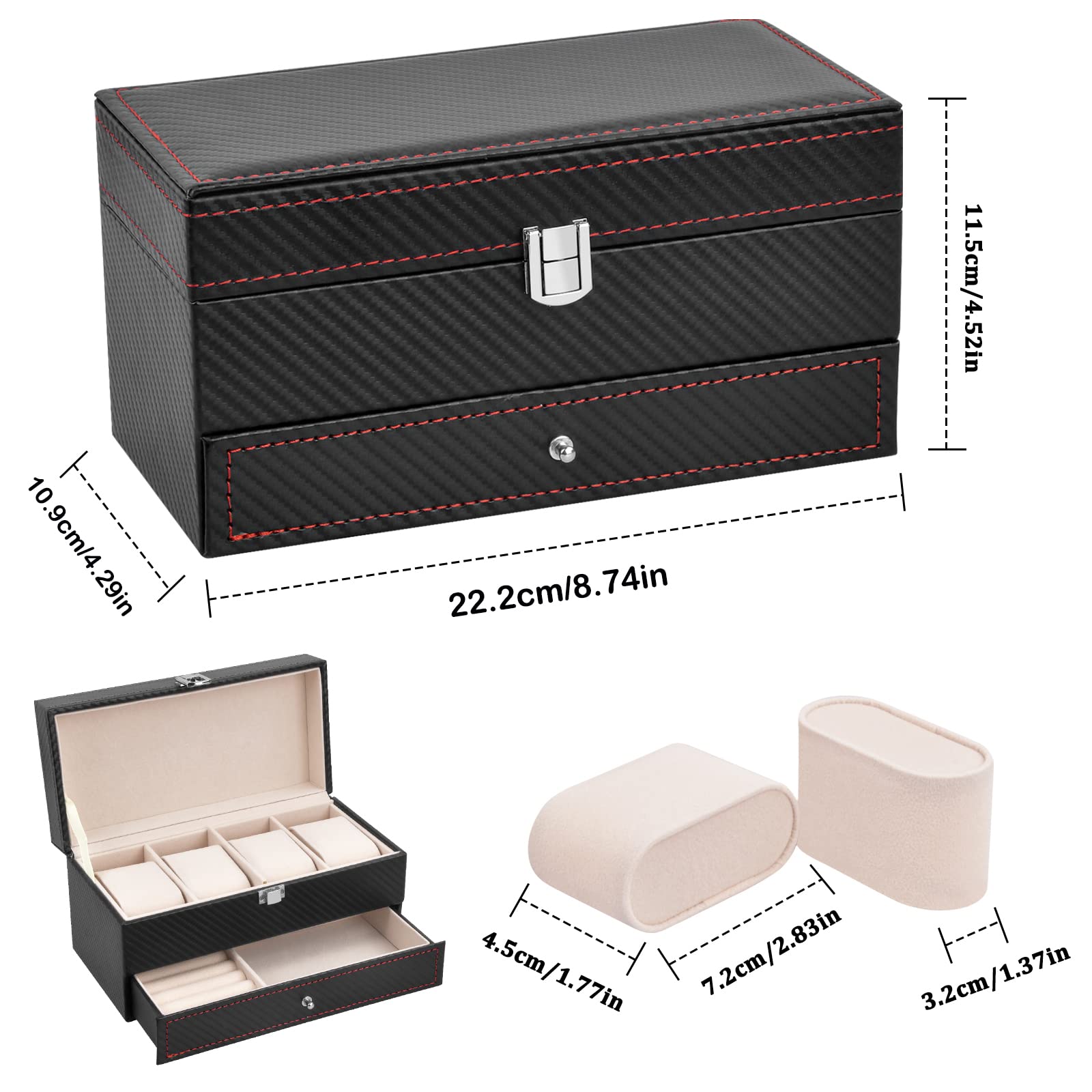 Scatola Porta Orologi per Uomo e Donna - Cofanetto 4 Posti Watch Box - Custodia e Immagazzinaggio di Gioielli, Nero