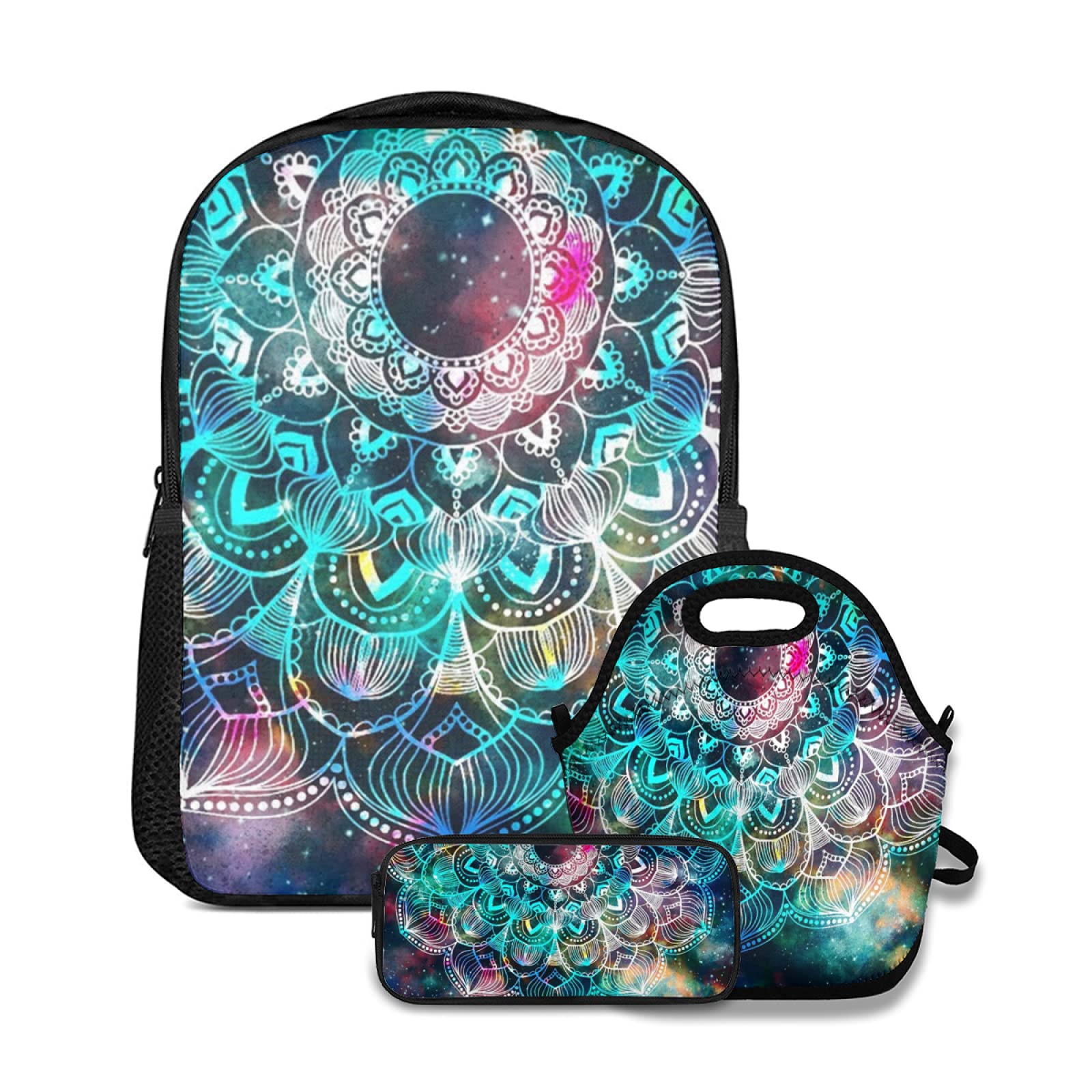 Juego de mochila escolar, diseño abstracto geométrico antiguo con campo de estrellas y colorido diseño gráfico de mandala de acuarela de galaxia, con bolsa de almuerzo y estuche para lápices, para