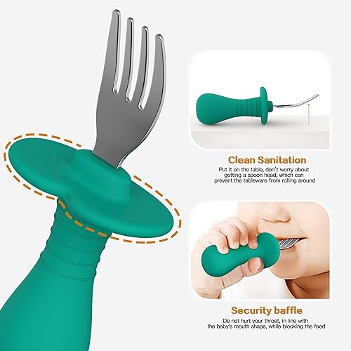 Miniatura 5 de Juego de 4 tenedores para niños pequeños, con mango de silicona, tenedores seguros de acero inoxidable 188, sin BPA, diseño antiestrangulamiento,