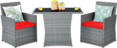 Tangkula Patiojoy - Juego de 3 piezas de comedor para patio, juego de bistró de ratán PE que ahorra espacio, con mesa superior de vidrio templado y
