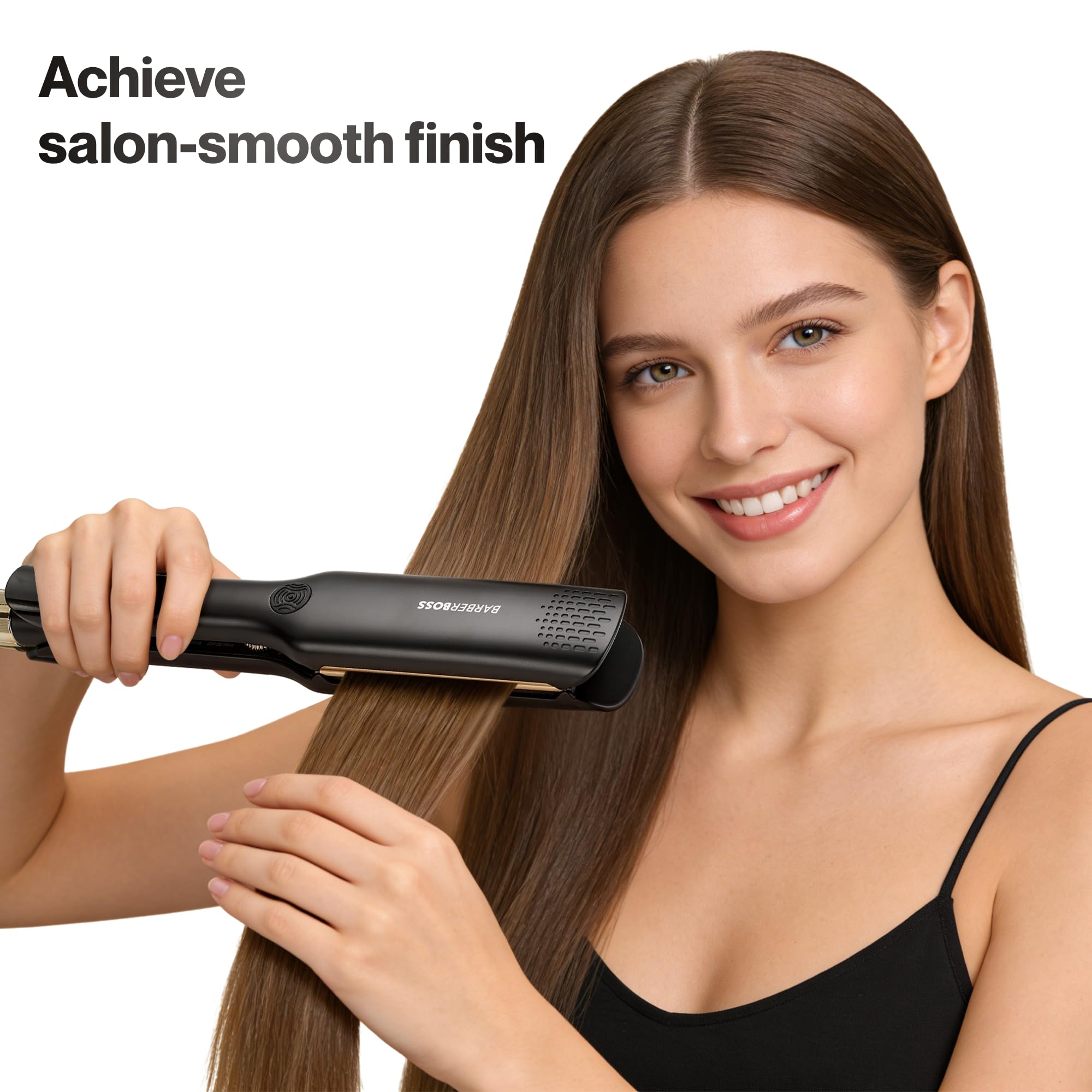 BarberBoss Lisseur, plaques flottantes en céramique, traitement ionique et kératine pour cheveux lisses et sans frisottis, fer lisser professionnel à température réglable (QR-8422, Noir)