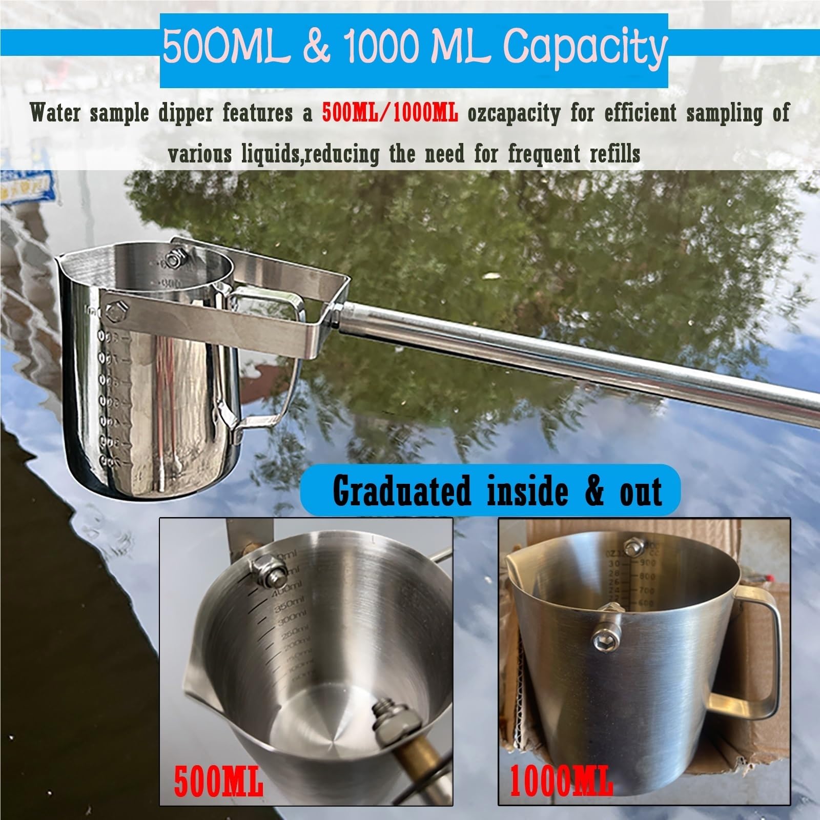 Wasserprobenahme aus Edelstahl, 2,5 m, langlebiges Flüssigkeitsprobengerät für Technik und Industrie, 500 ml Fassungsvermögen, ideal für Wasserproben und Analysen