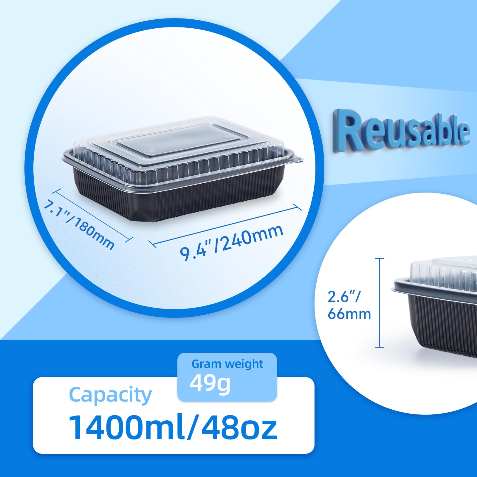 YANGRUI Contenedores To Go, paquete de 40 (40 bandejas + 40 tapas) de 40 onzas, 1 compartimento sin BPA, reutilizable, envoltura retráctil lavable a máquina, contenedor de preparación de comidas